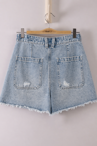 Button Tab Detail Washed Denim Shorts