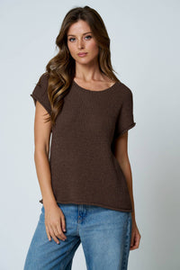 Brown Raw Sleeve Relaxed Sweater Knit Top