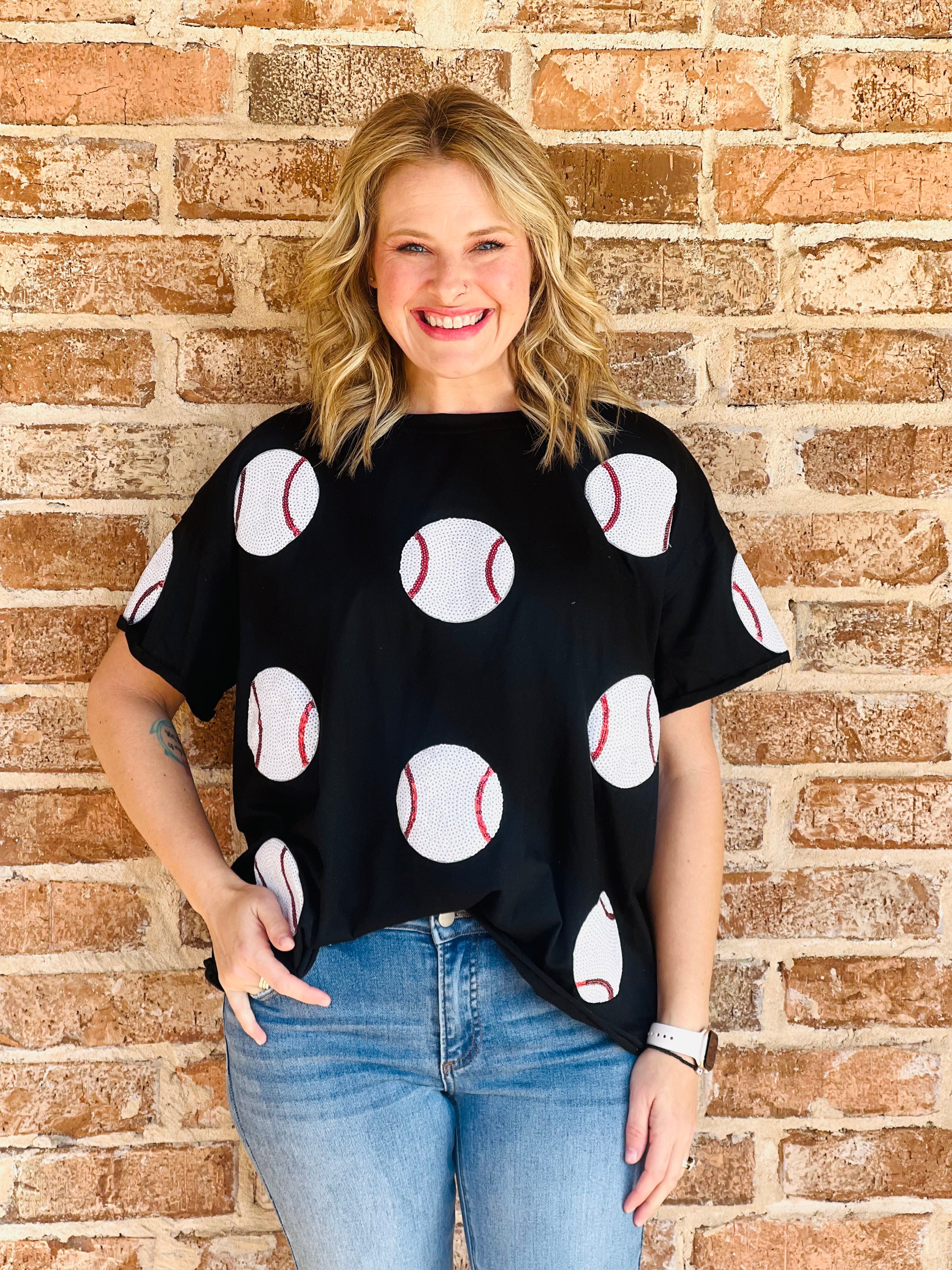 Black Sequin Baseball Patch Top