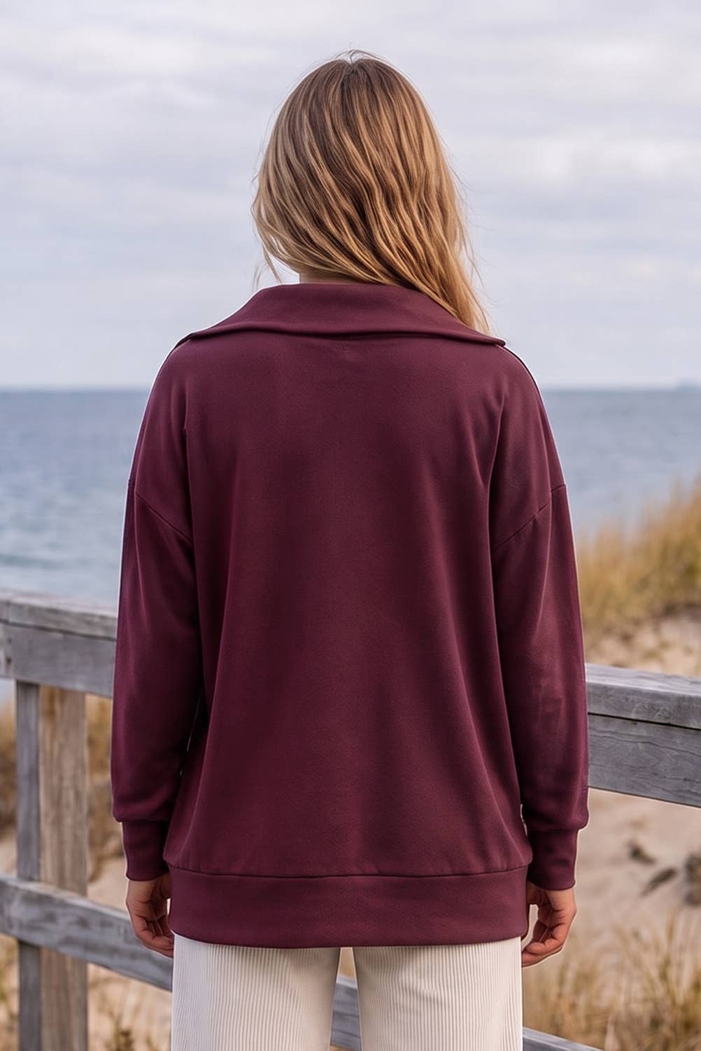 Merlot Collared V-Neck Pullover