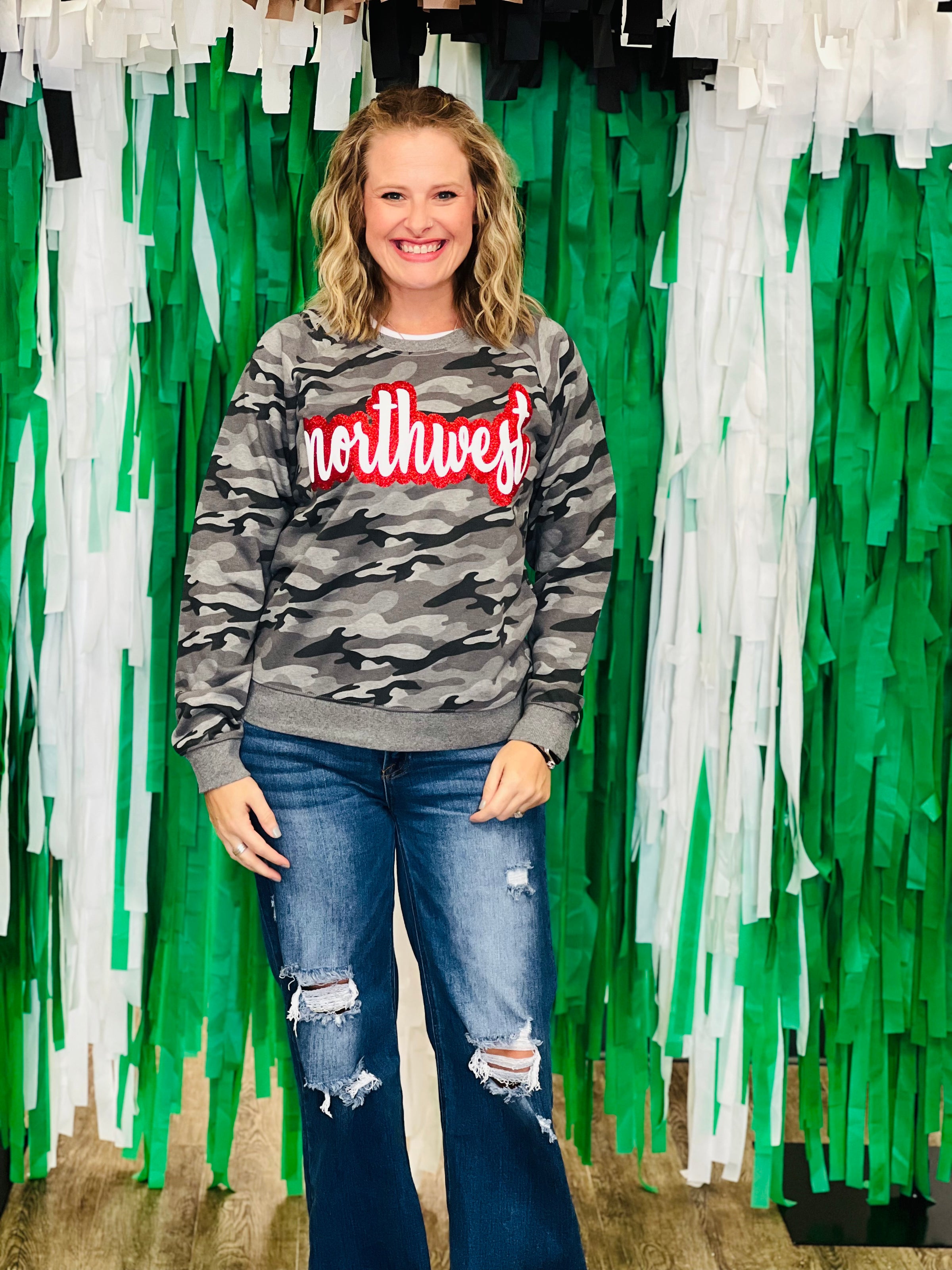 Northwest Glitter Script Camo Sweatshirt