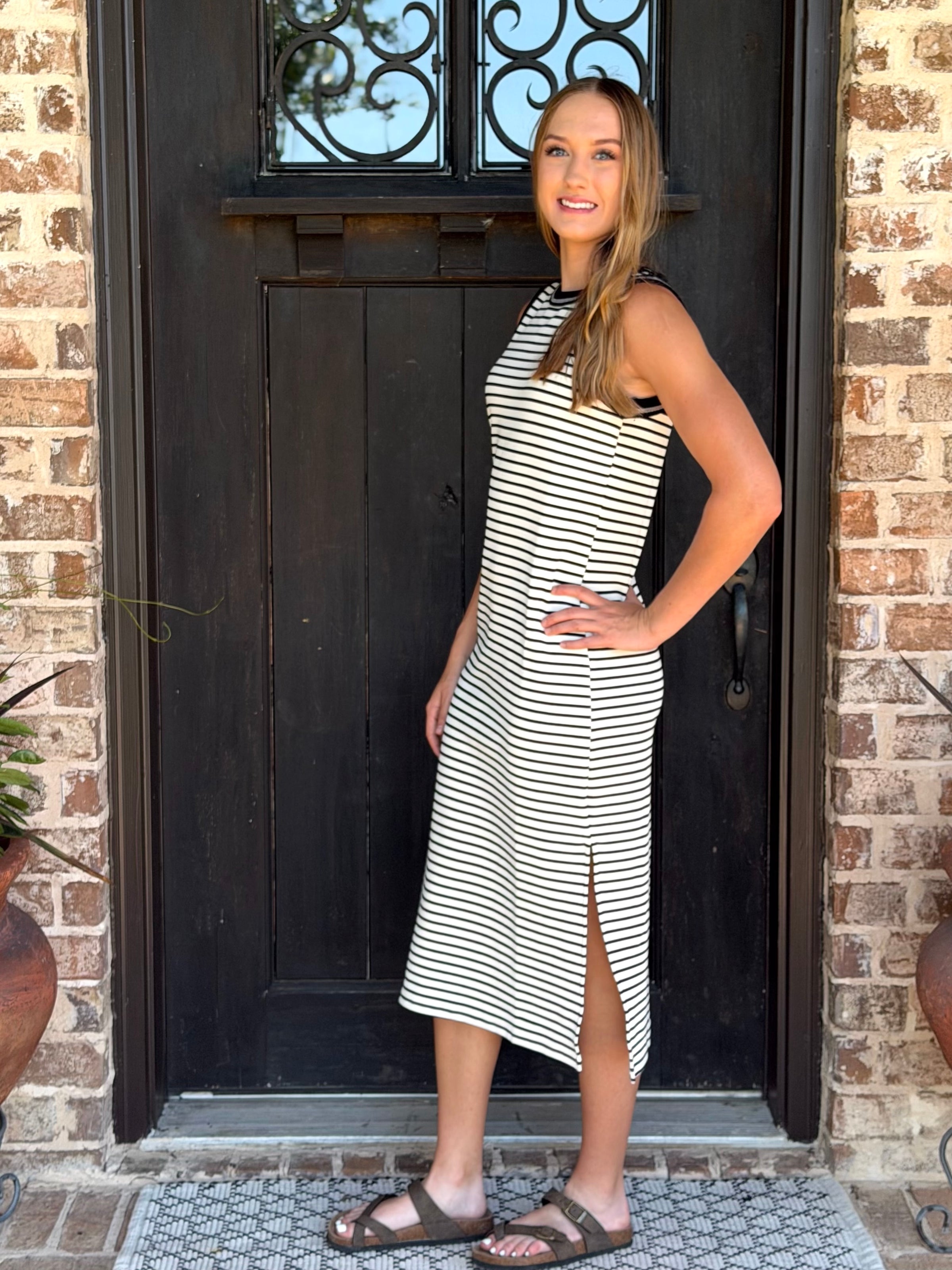 Black Stripe Contrast Trim Sleeveless Knit Midi Dress