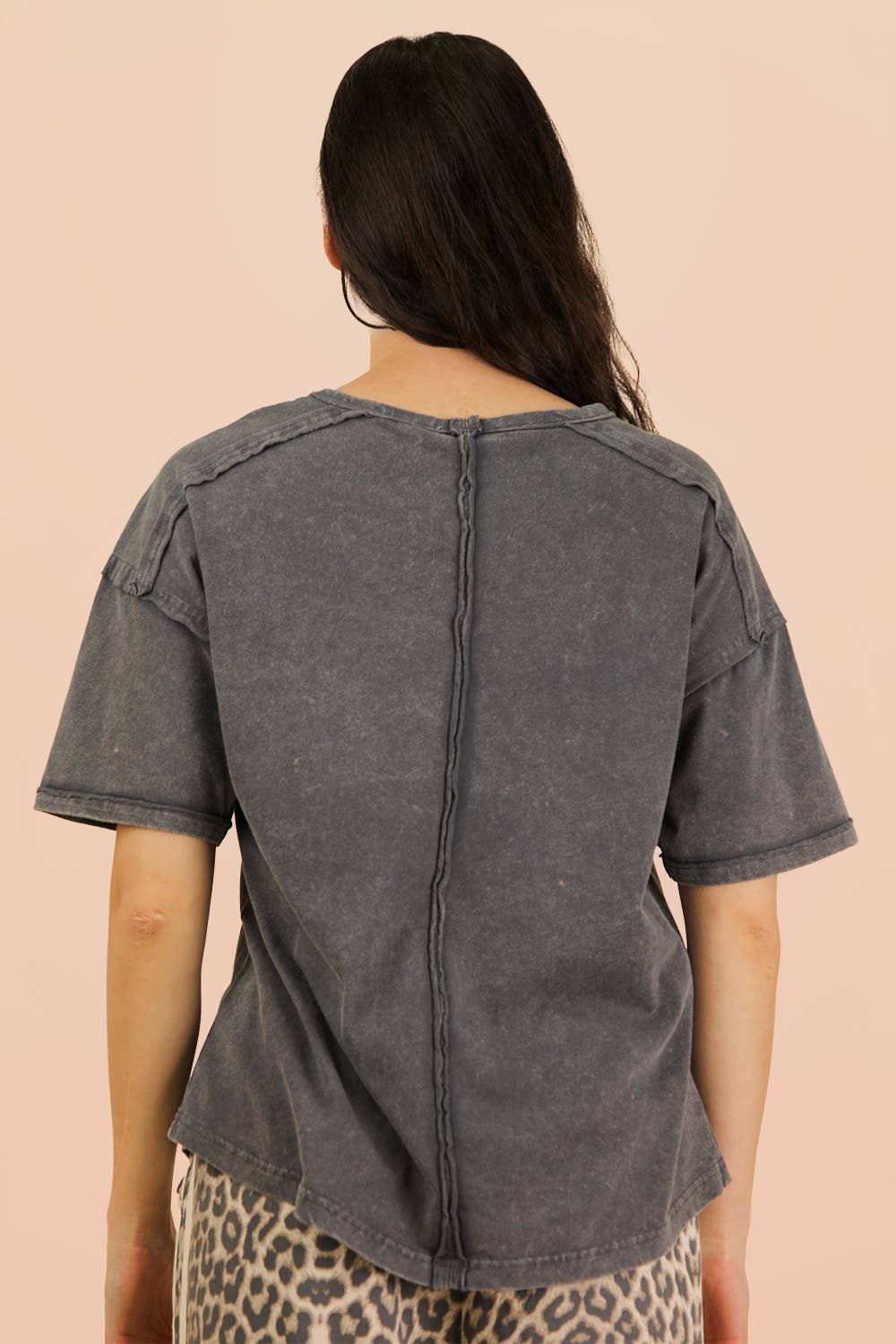 Charcoal Mineral Washed Knit Top with Pocket