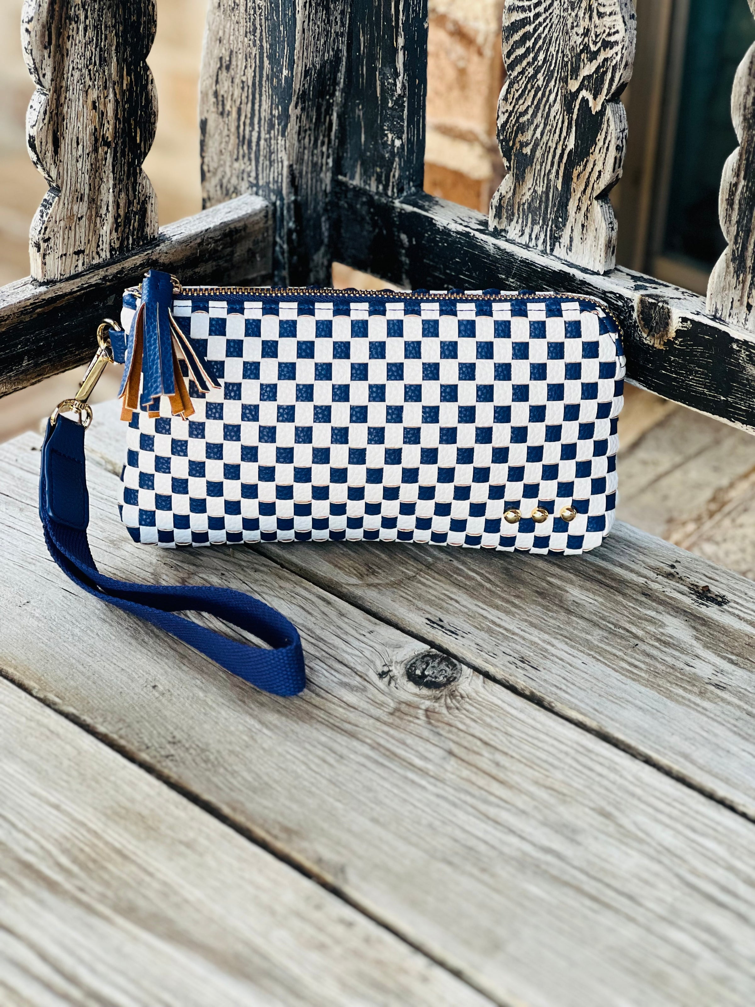 Navy Checkered Emma Woven Clutch Wristlet