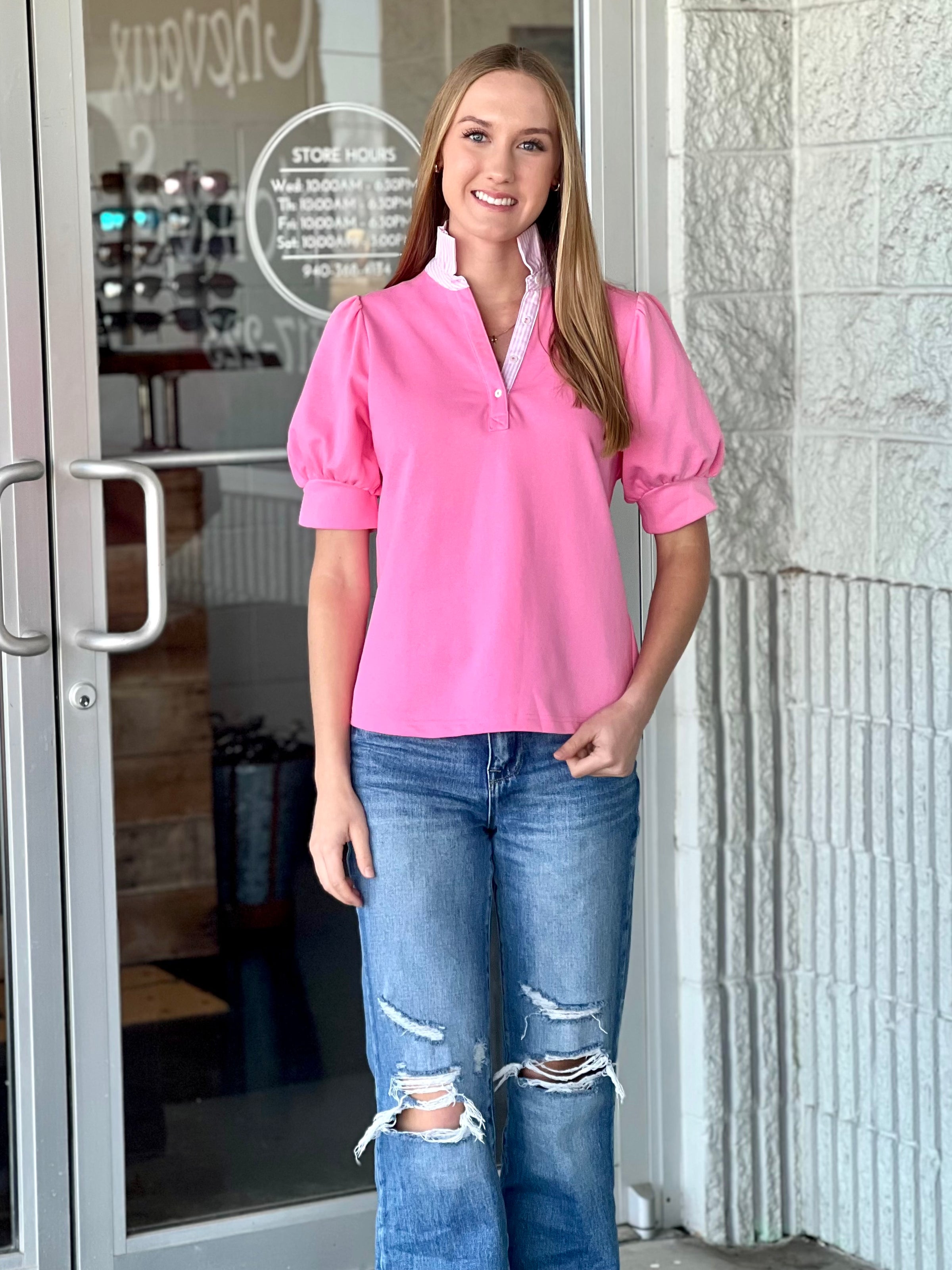 Pink Umgee Ruffled High Neck Collar Top