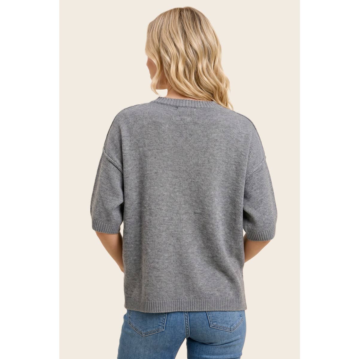 Heather Grey 3/4 Sleeve Solid Sweater