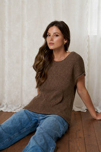 Brown Raw Sleeve Relaxed Sweater Knit Top