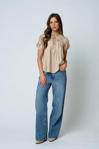 Embroidered Yoke Lace Trim Pintuck Detail Top