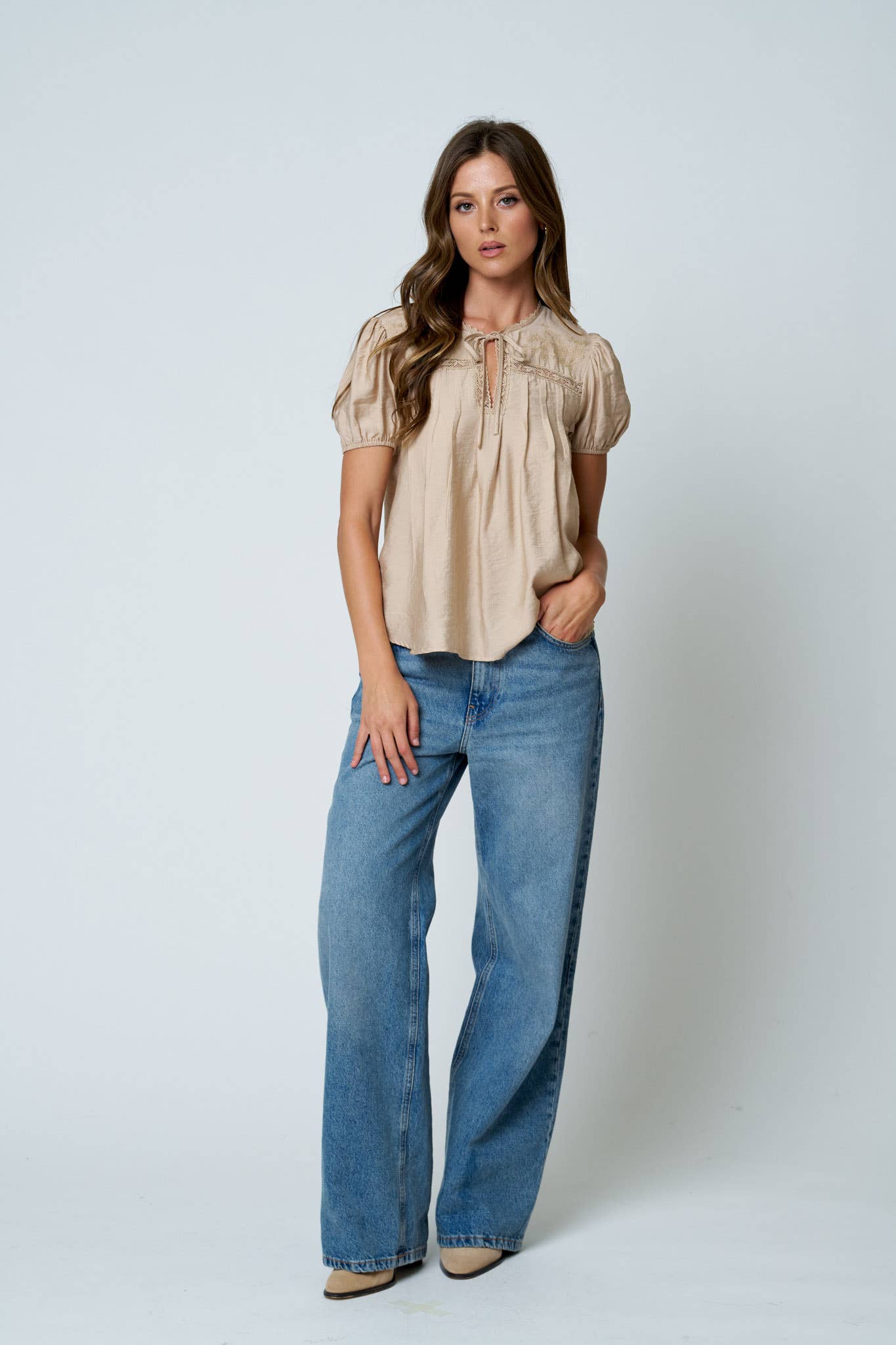 Embroidered Yoke Lace Trim Pintuck Detail Top