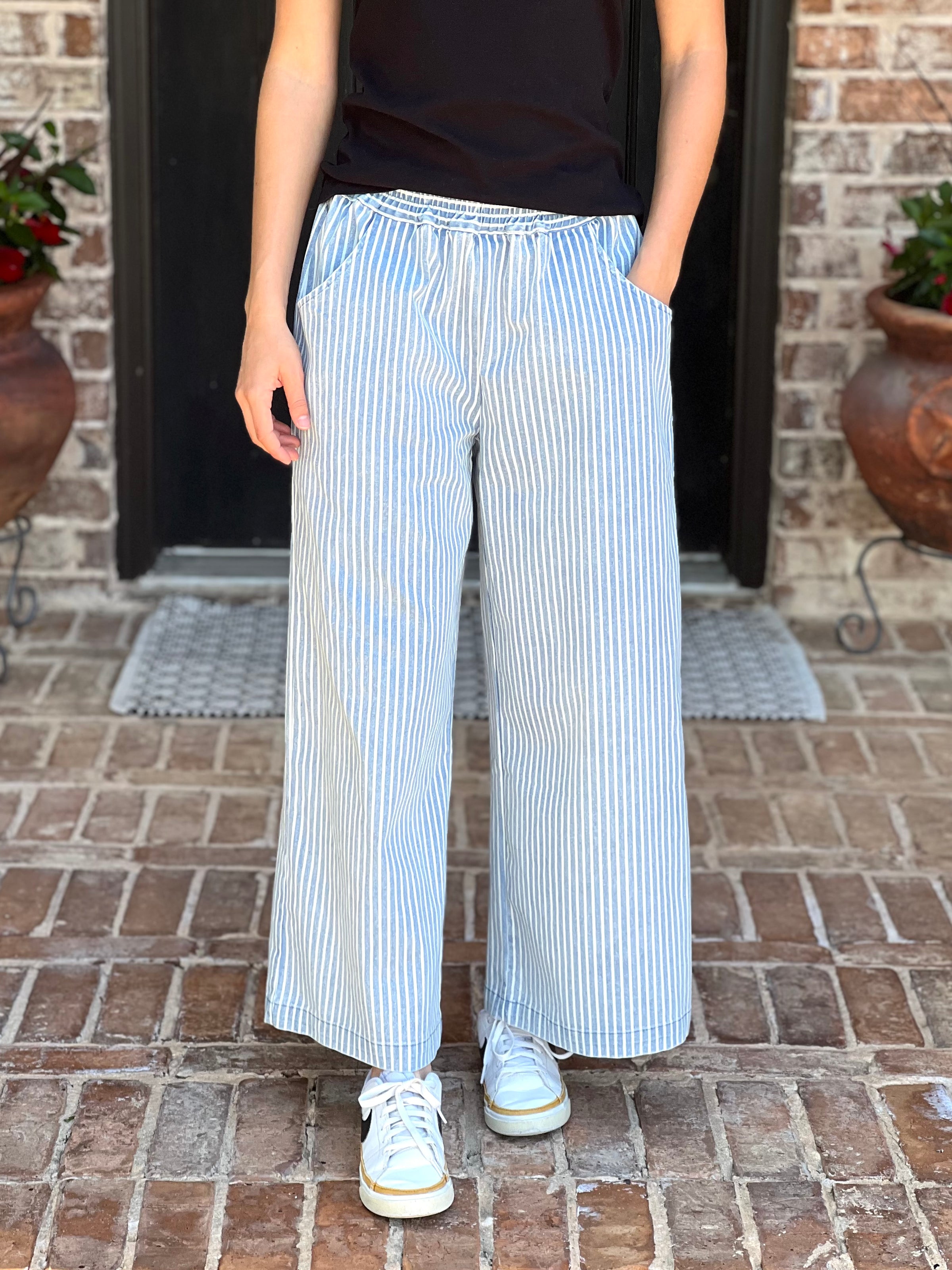 Denim & Cream Striped Pull On Pants