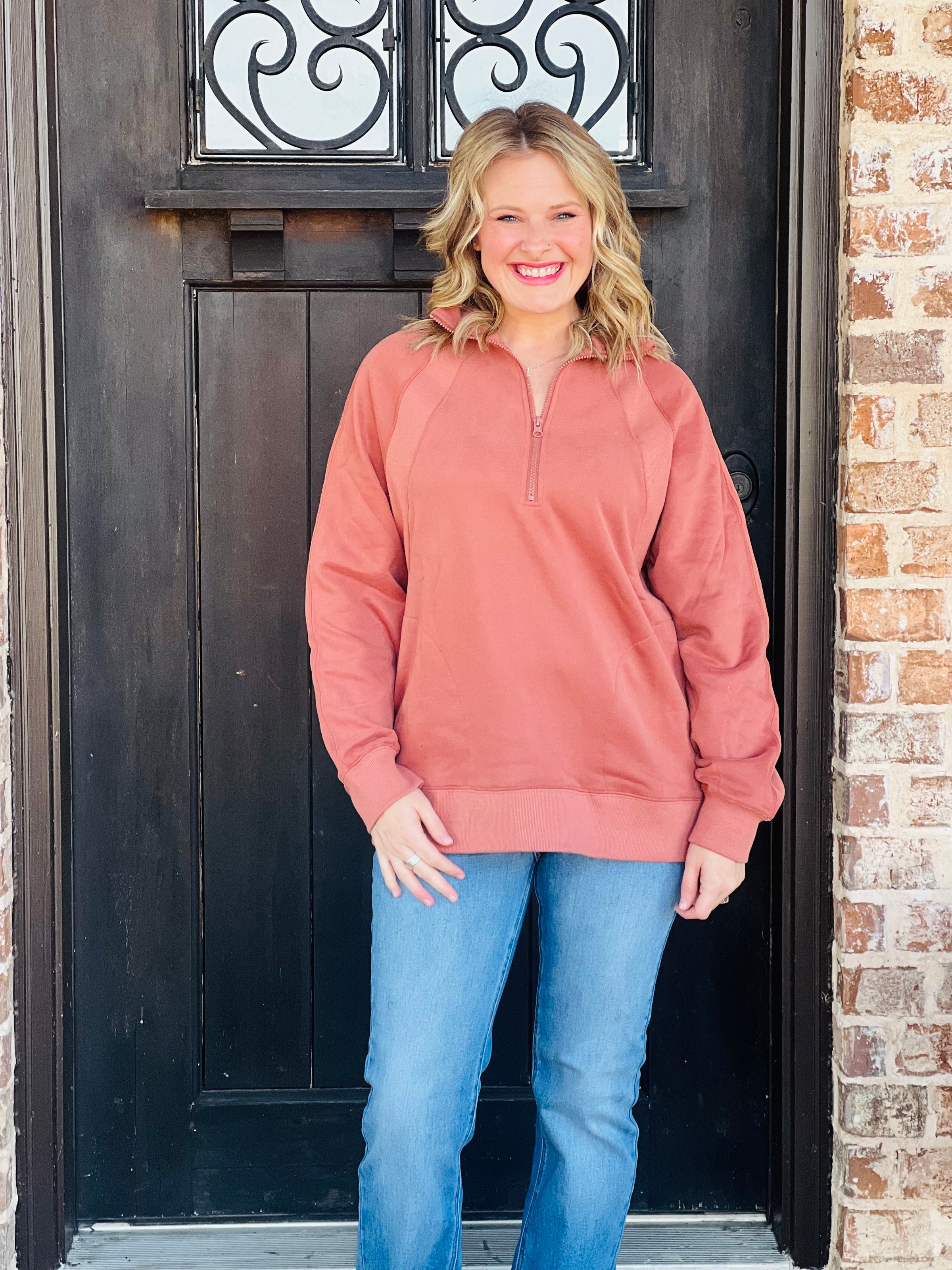 Rusty Mauve Oversized Zip Henley Top