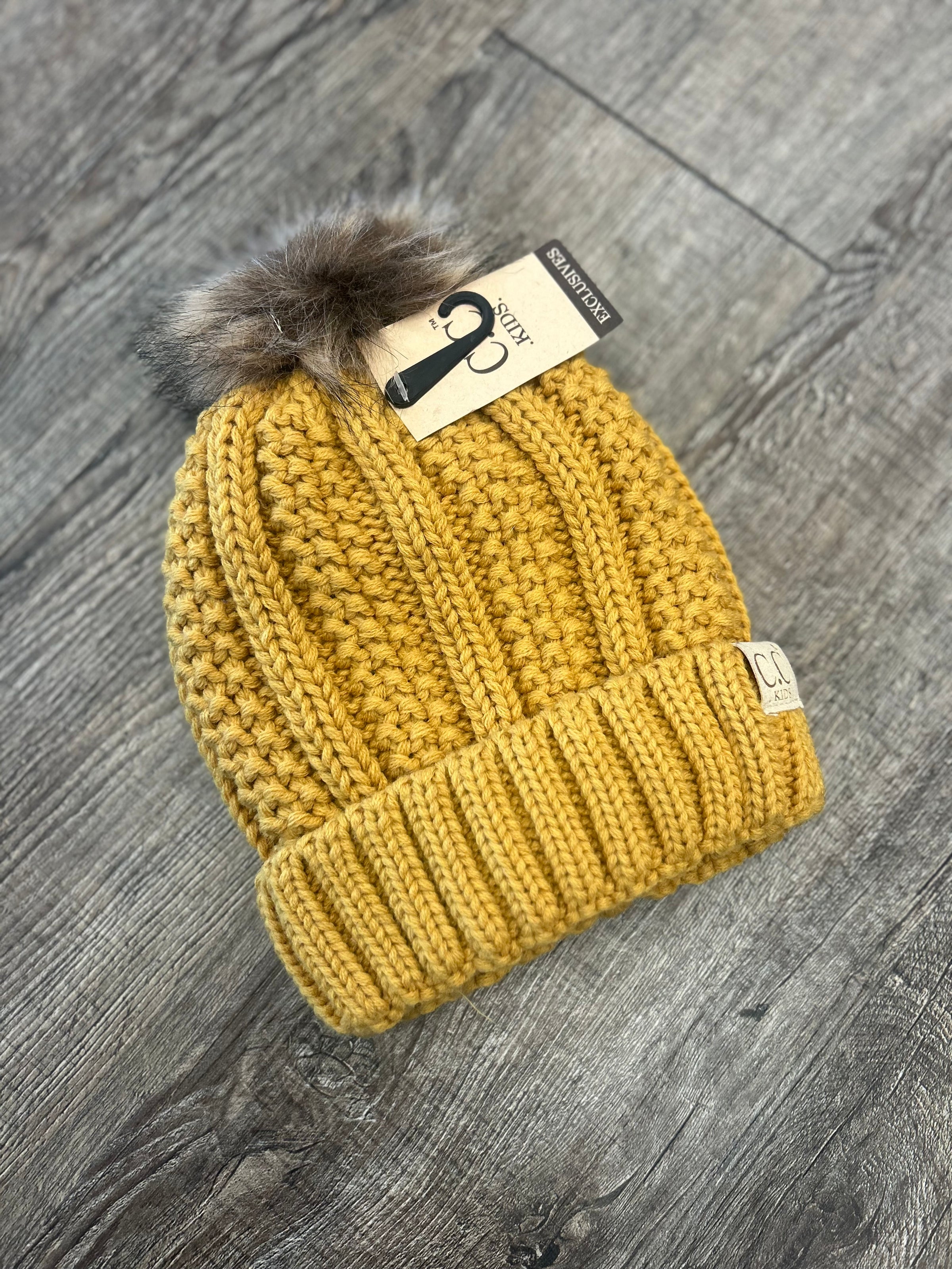 Youth Mustard Pom Beanie