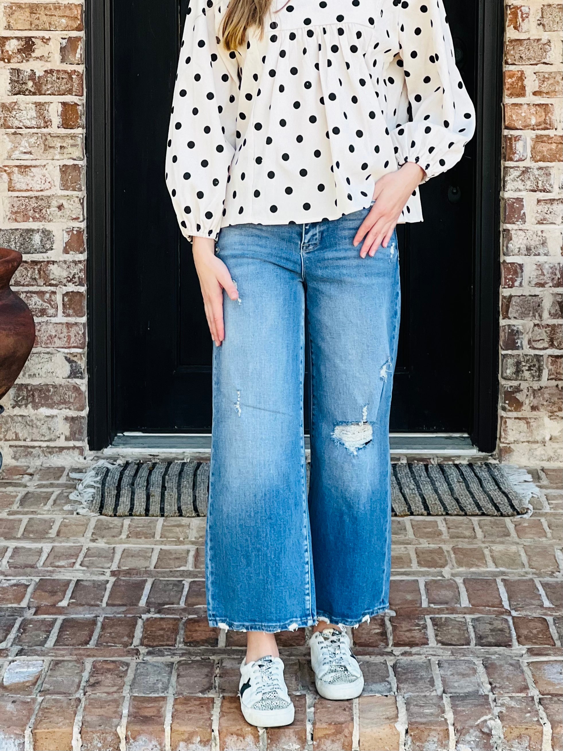 Petra | Medium Distressed Hi Rise Relaxed Wide Leg Jeans
