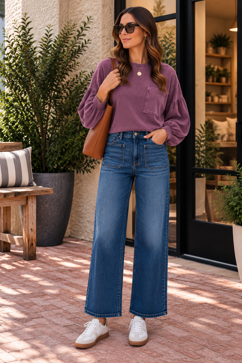 Plum Mineral Wash Puff Sleeve Boxy Top
