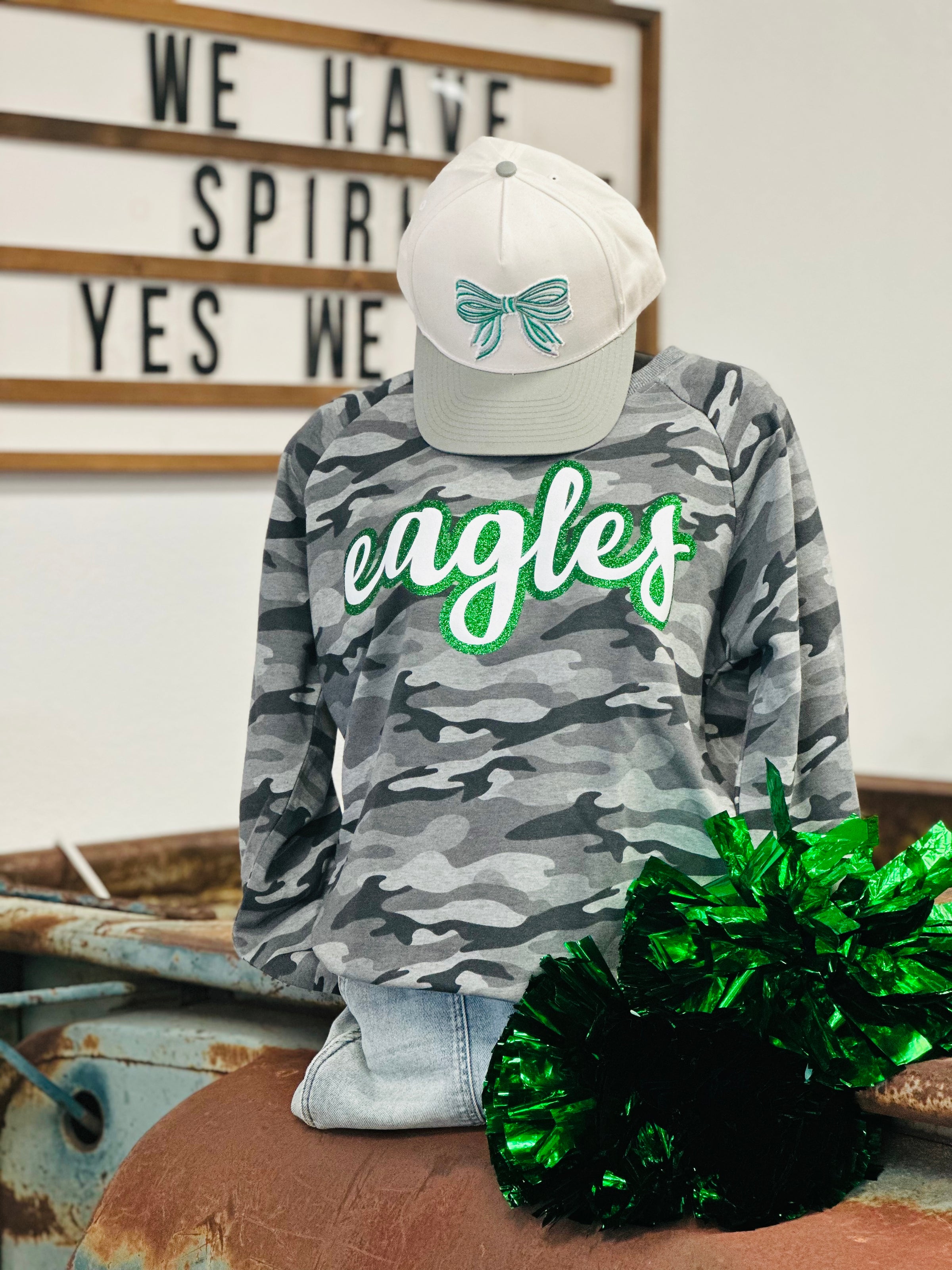 Green Eagles Glitter Script Camo Sweatshirt