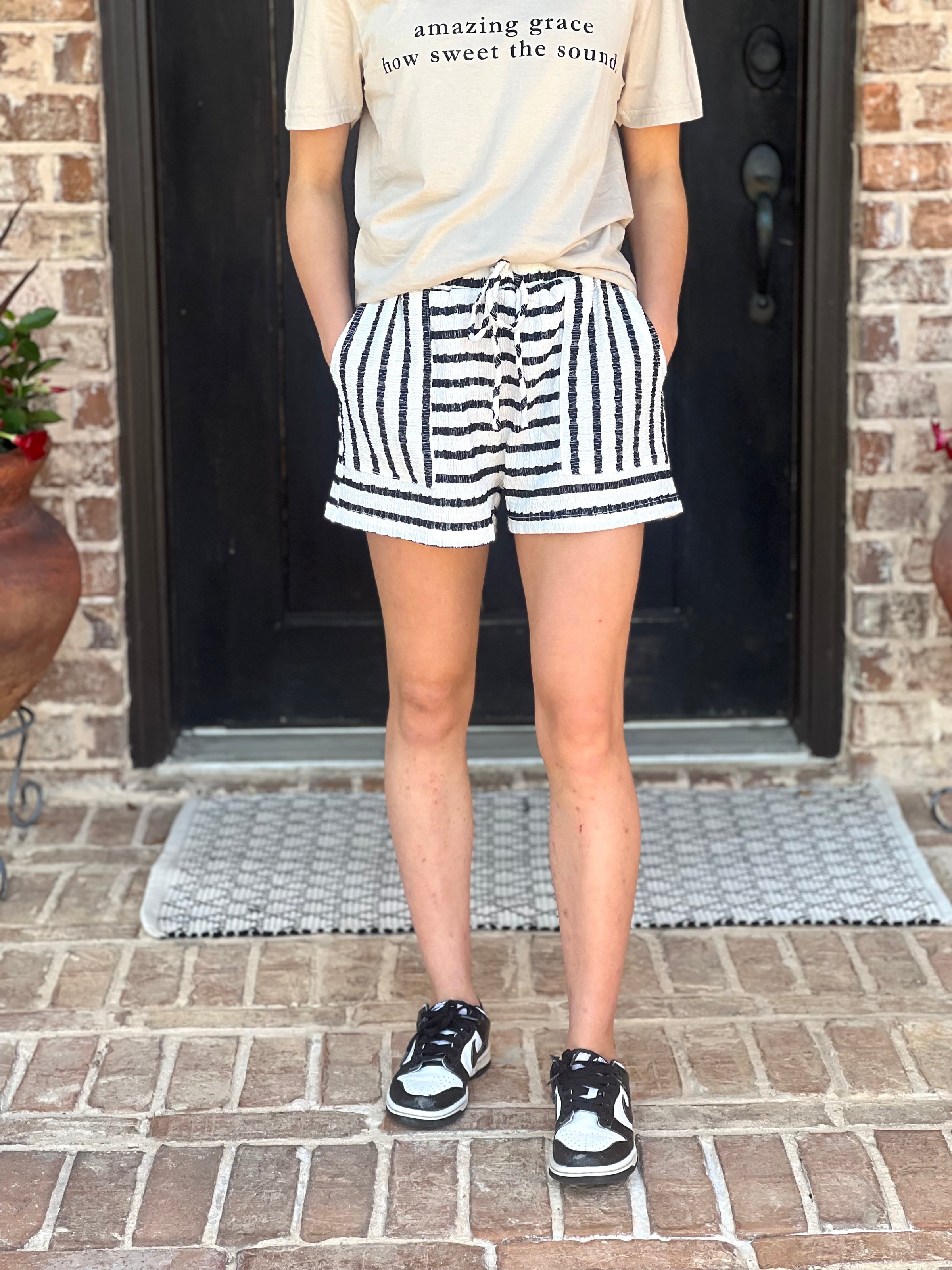 Black Textured Stripe Knit Shorts