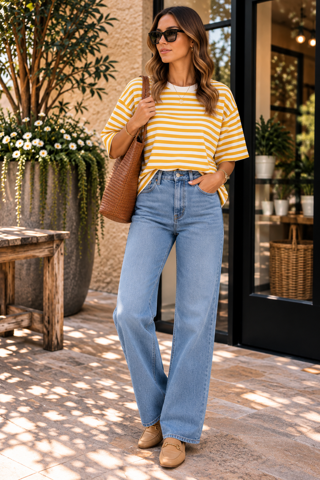 Mustard Striped Crew Neck Short Sleeve Knit Top