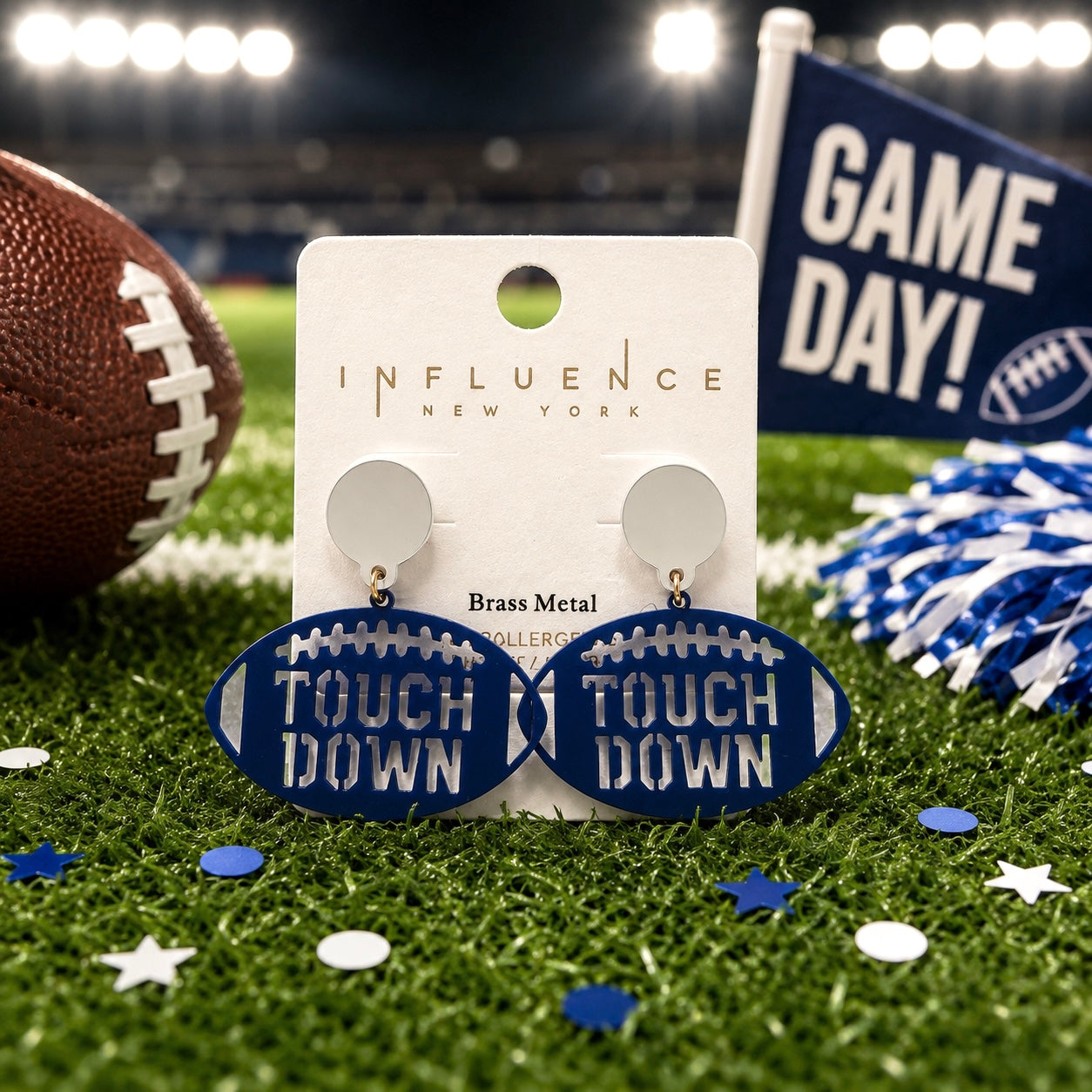 Blue Touchdown Metal Earrings