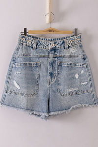 Button Tab Detail Washed Denim Shorts