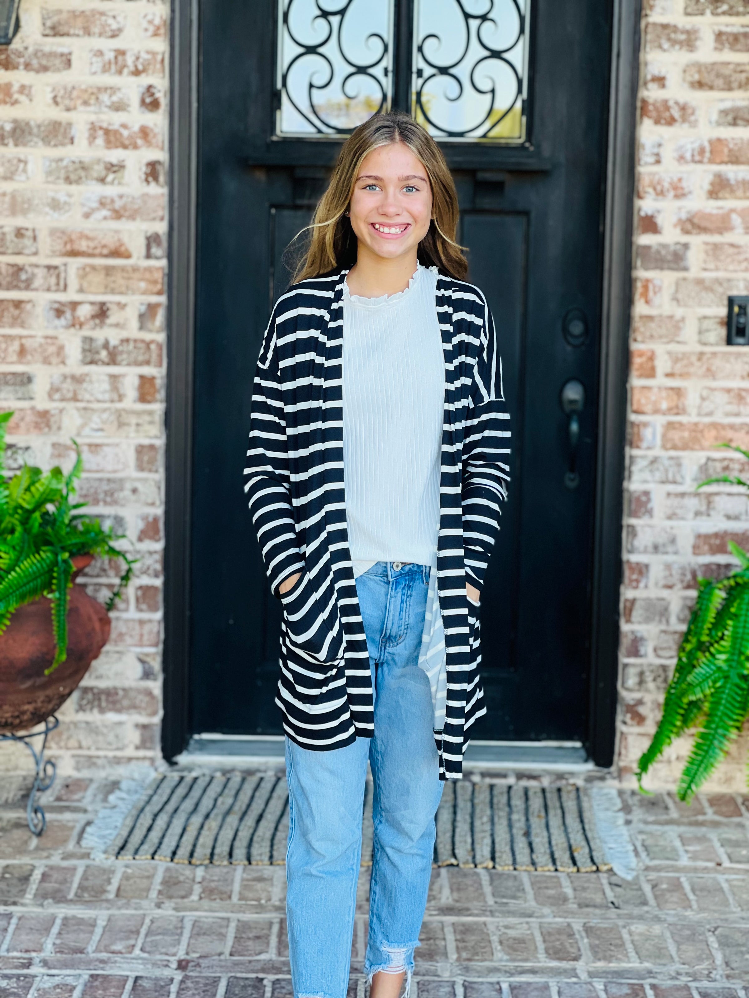 Youth Black & White Striped Cardigan
