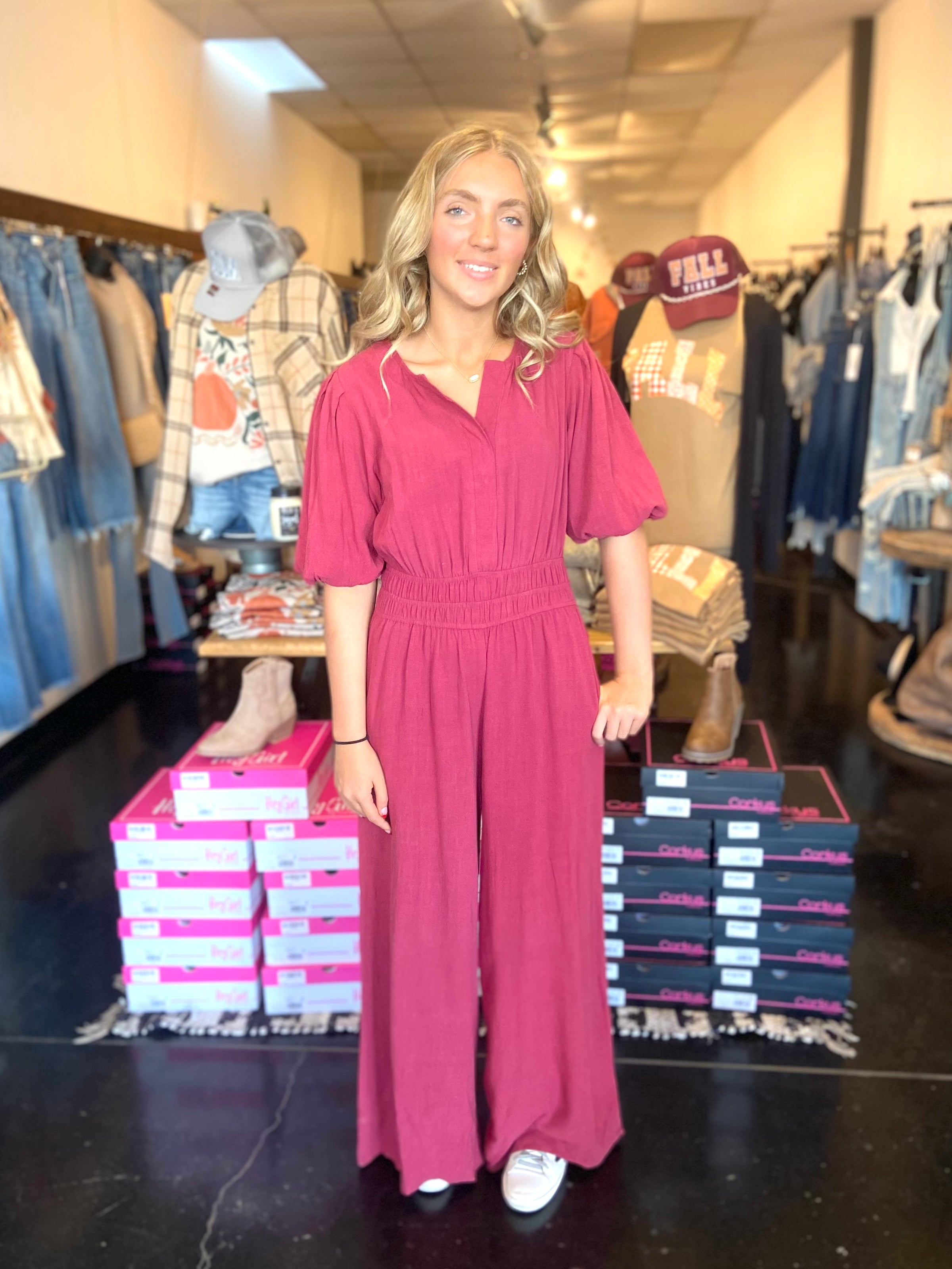Berry Smocked Waist Jumpsuit w/Pockets