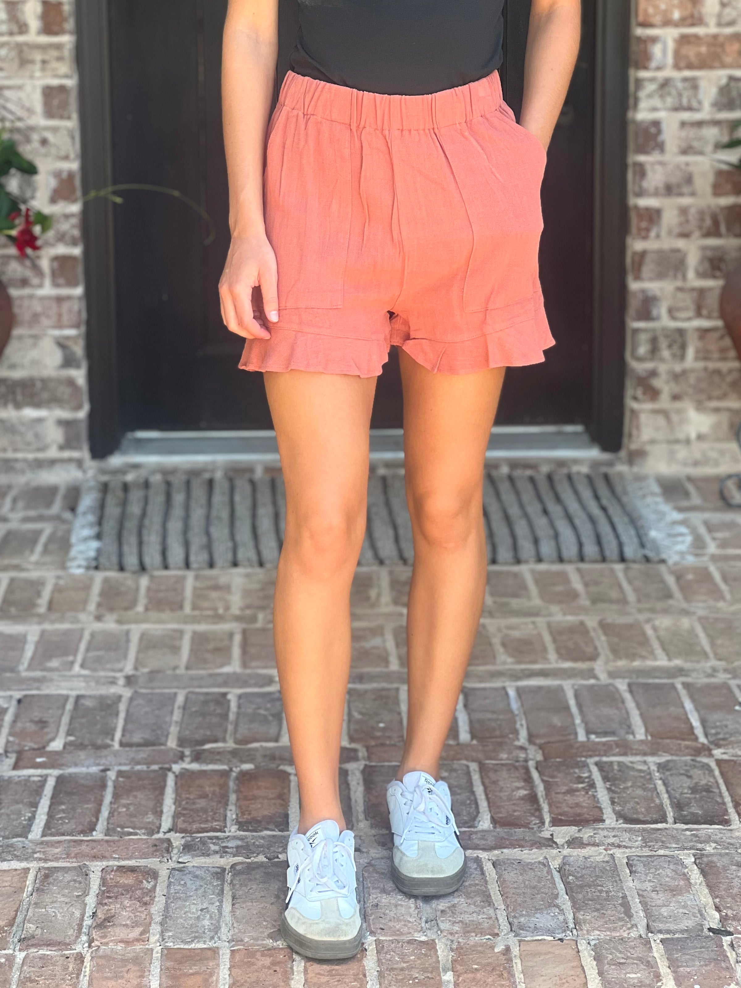 Rust Lightweight Ruffle Shorts