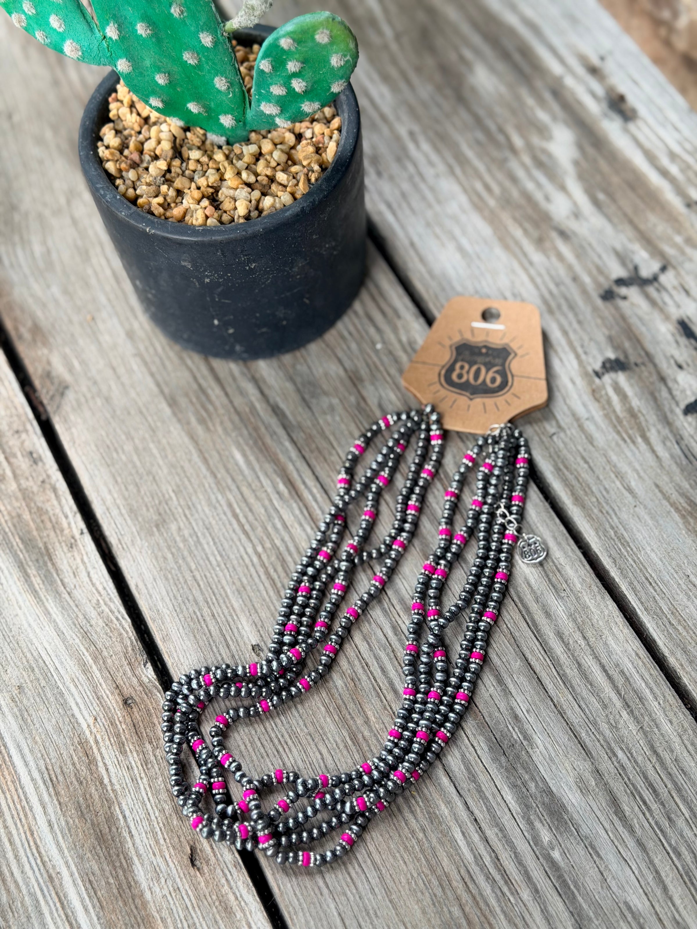 Fuschia Burnished Silver Bead Multi-strand Necklace