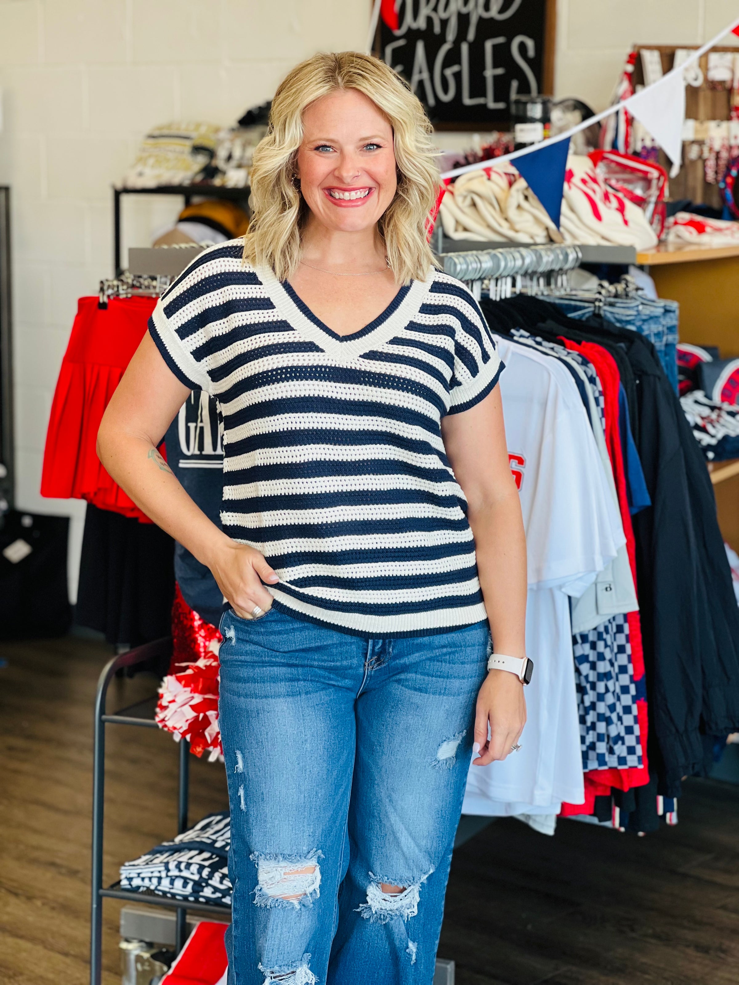 Navy Stripe VNeck Sweater Knit Top