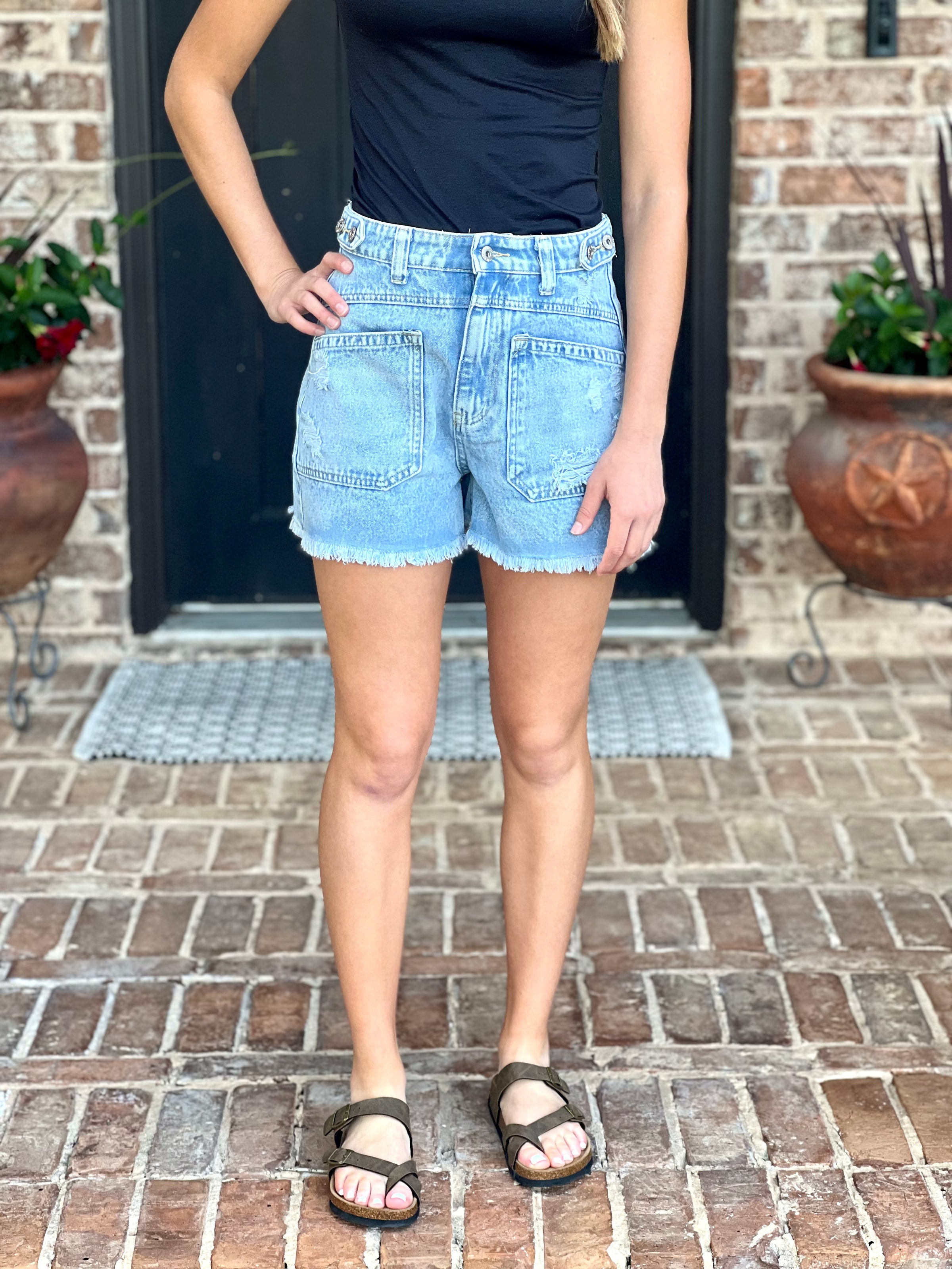 Button Tab Detail Washed Denim Shorts
