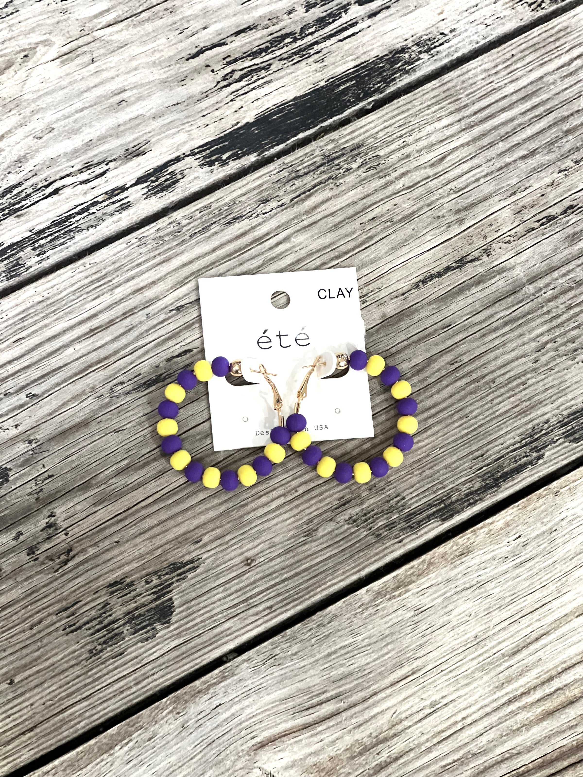 Purple & Gold Matte Clay Ball Hoops