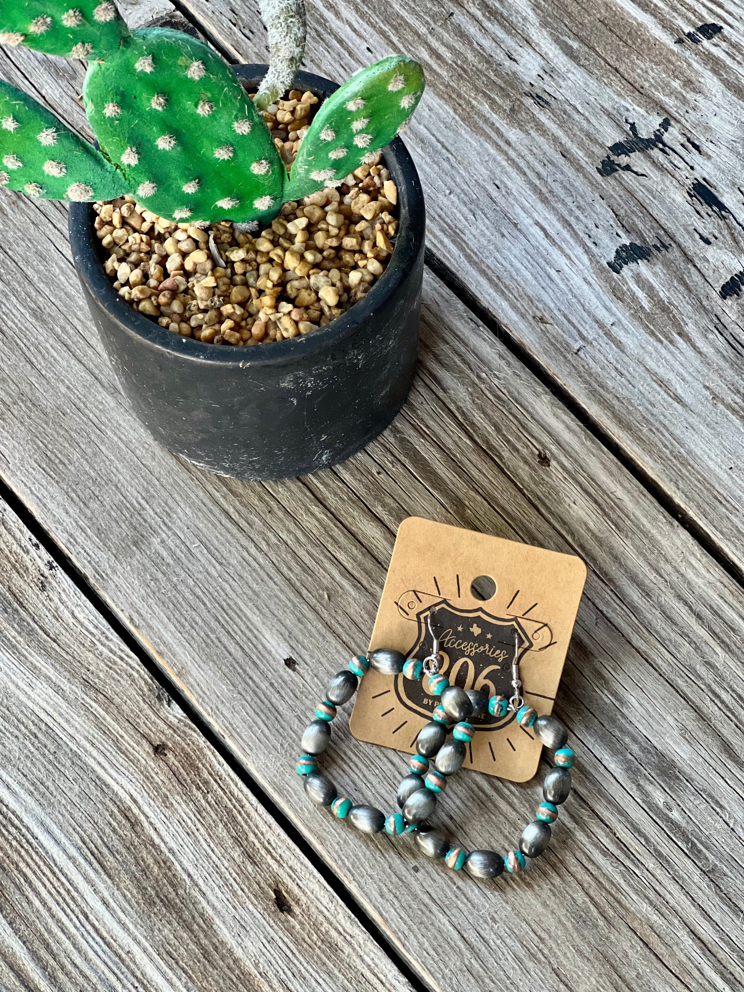 Rubbed Silver Turquoise & Bronze Square Dangle Earrings