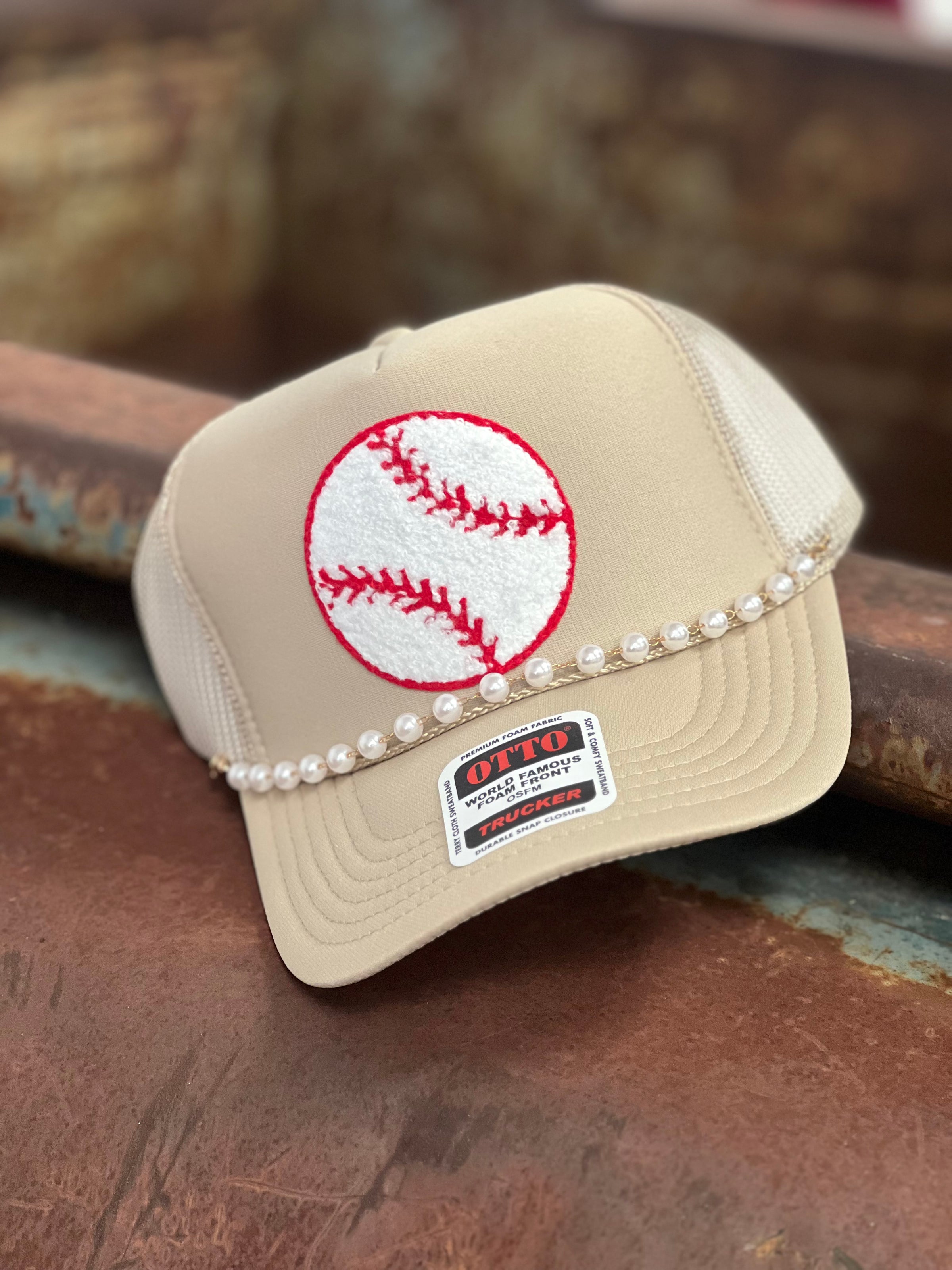 Chenille Baseball Patch Hat with Pearl Chain