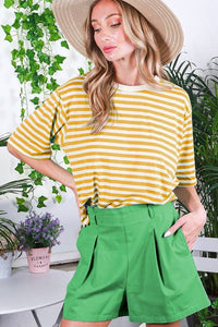 Mustard Striped Crew Neck Short Sleeve Knit Top