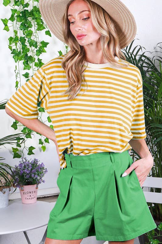 Mustard Striped Crew Neck Short Sleeve Knit Top