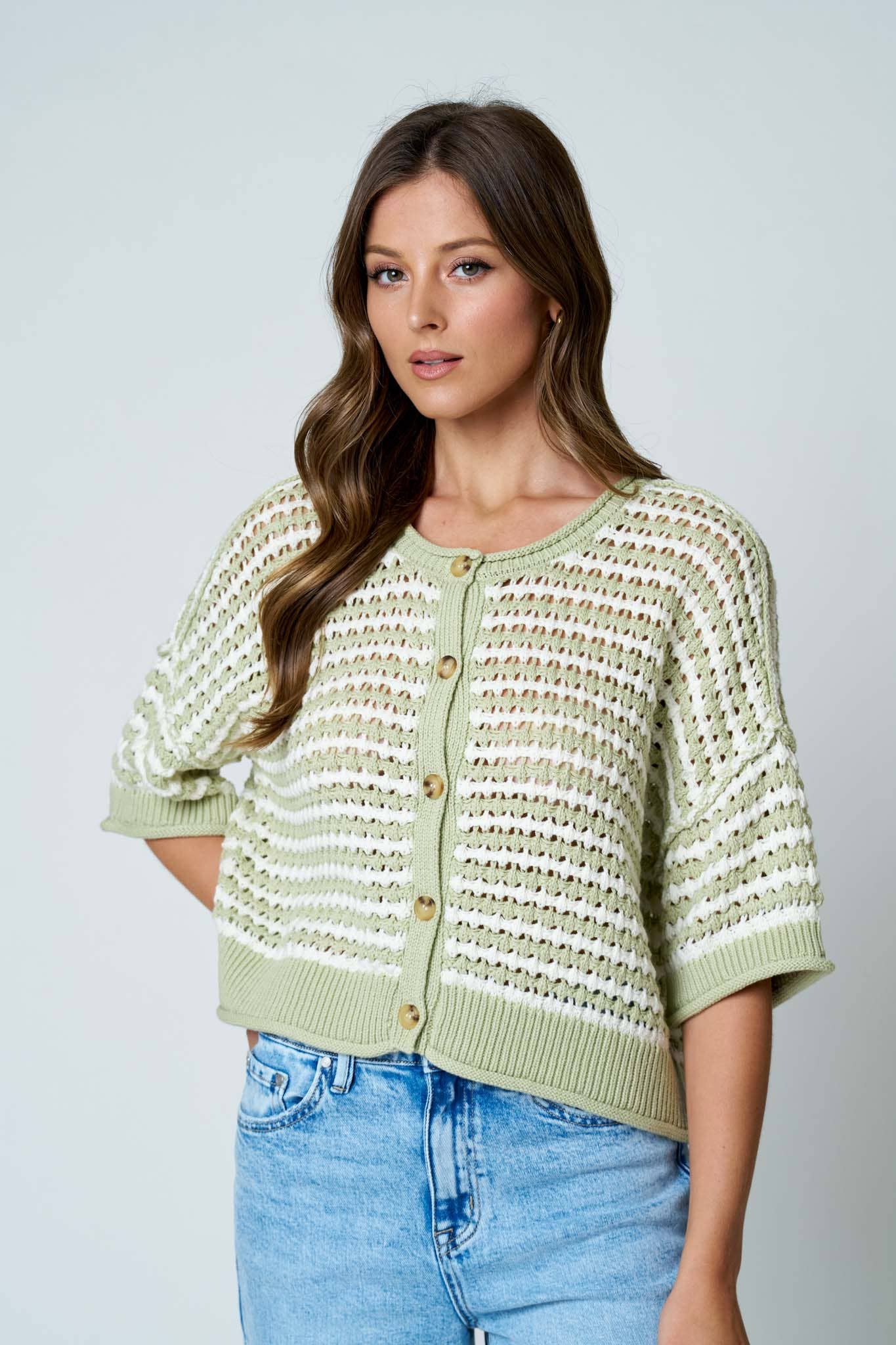 Olive Short Sleeve Crochet Knit Buttoned Cardi