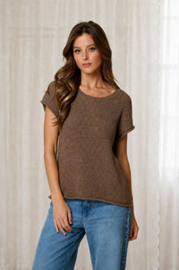Brown Raw Sleeve Relaxed Sweater Knit Top