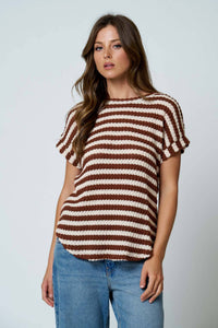 Brown Textured Stripe Round Neck Dolman Sleeve Knit Top