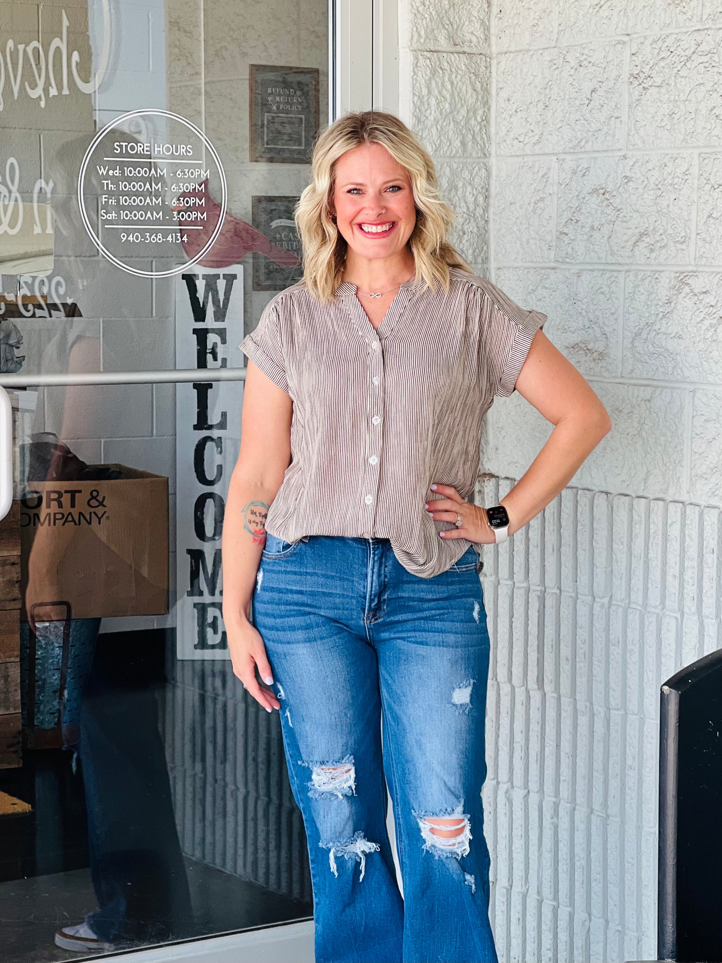 Champagne Pinstripe Cuff Sleeve Button Down Top