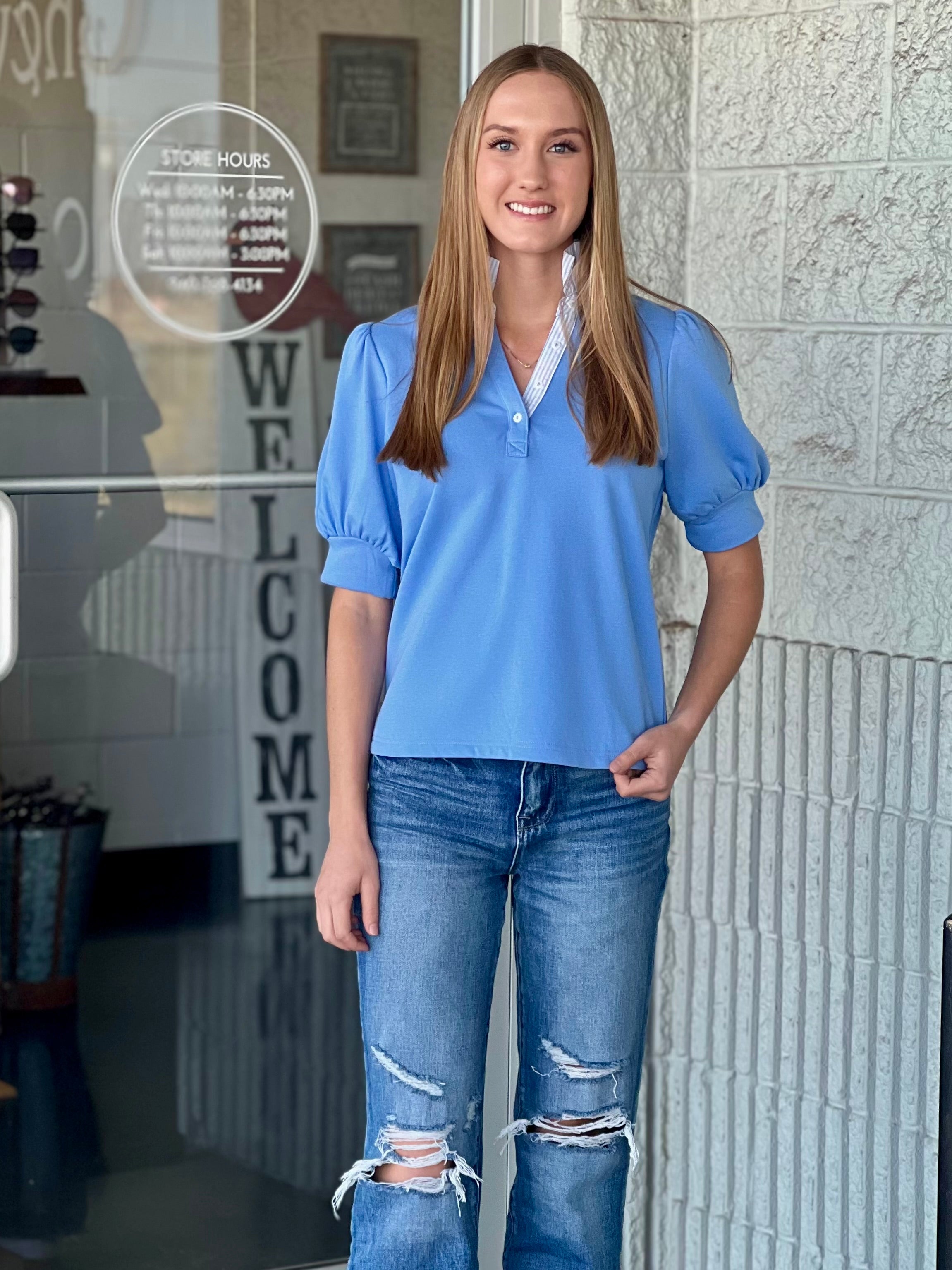 Periwinkle Umgee Ruffled High Neck Collar Top