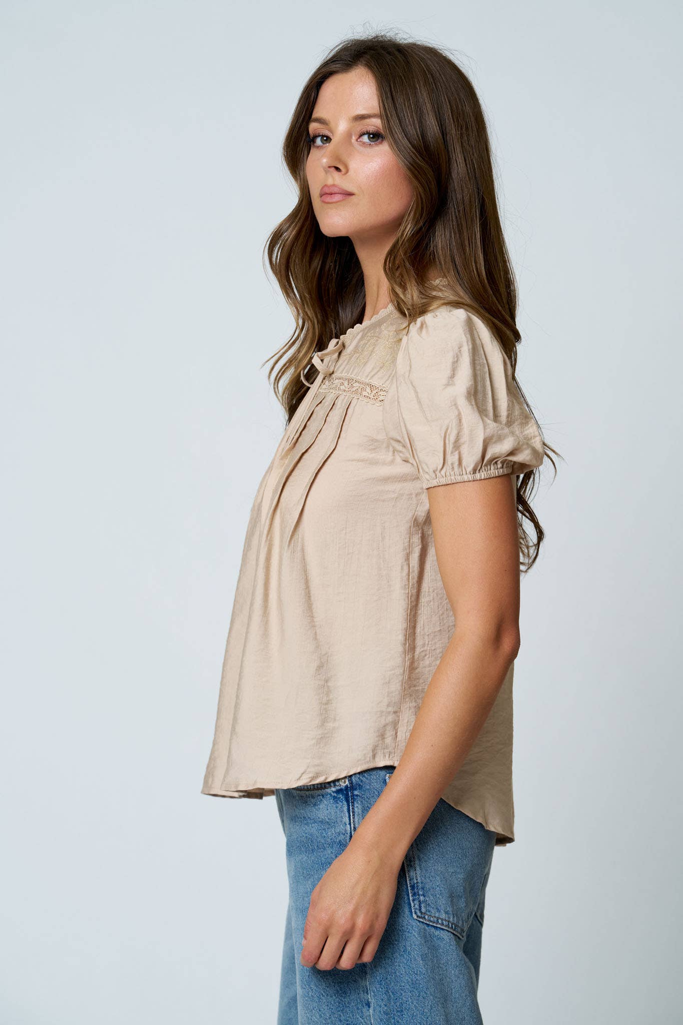 Embroidered Yoke Lace Trim Pintuck Detail Top