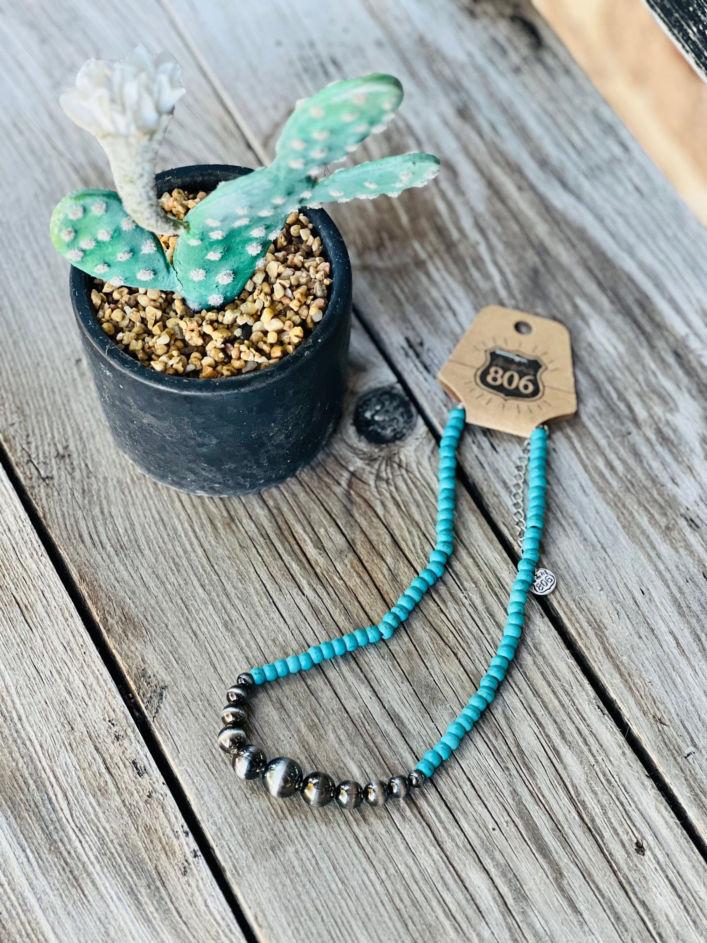 Rubbed Silver Multi Beads & Turquoise Necklace