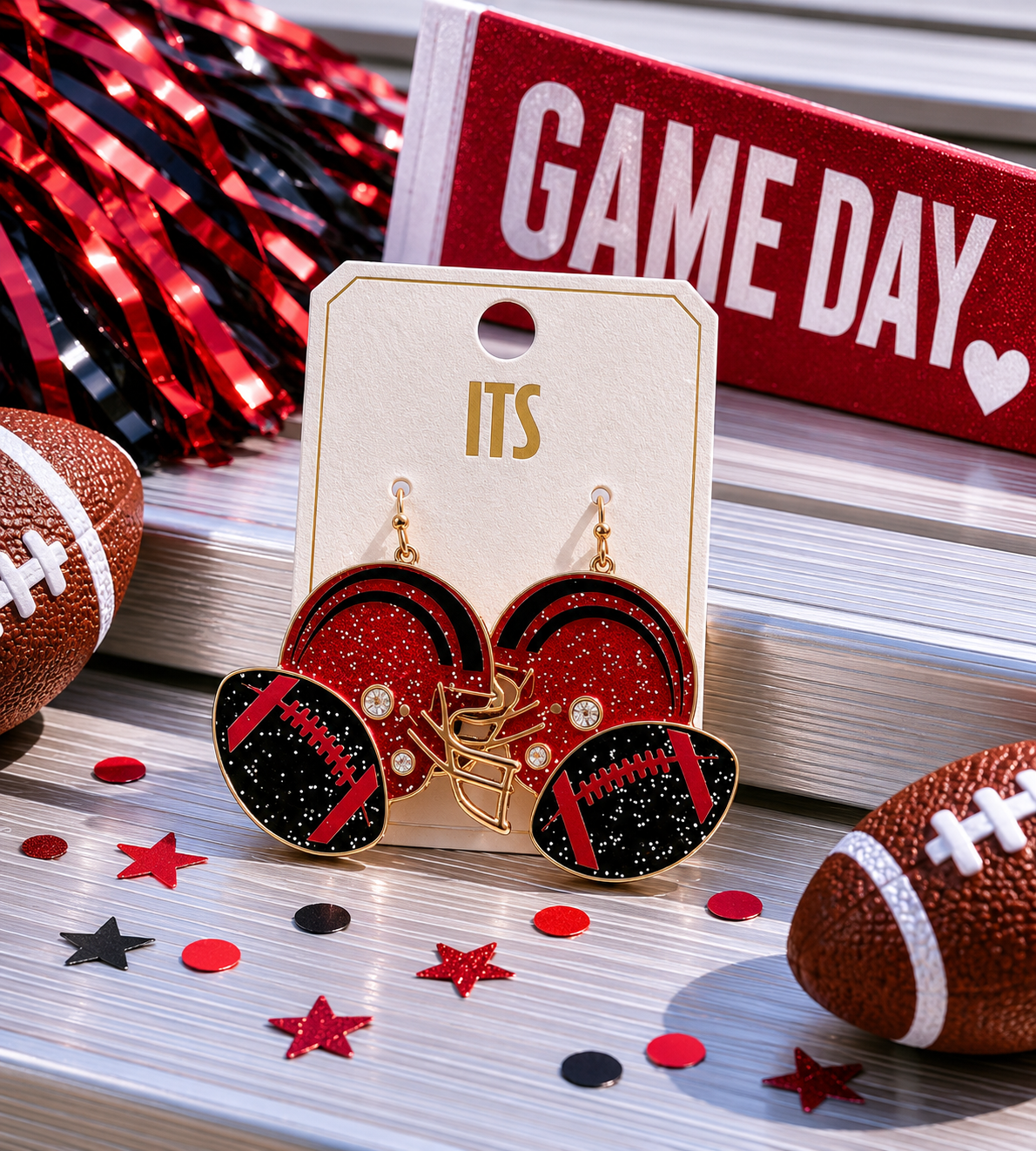 Red & Black Glitter Helmet & Ball Earrings