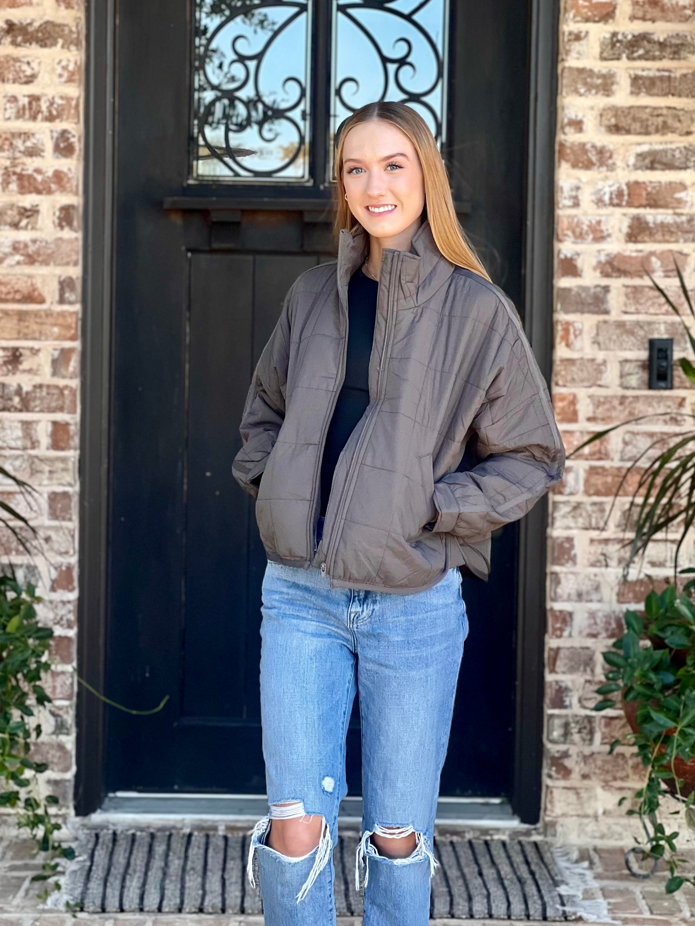Charcoal Quilted Square Zip Puffer Jacket