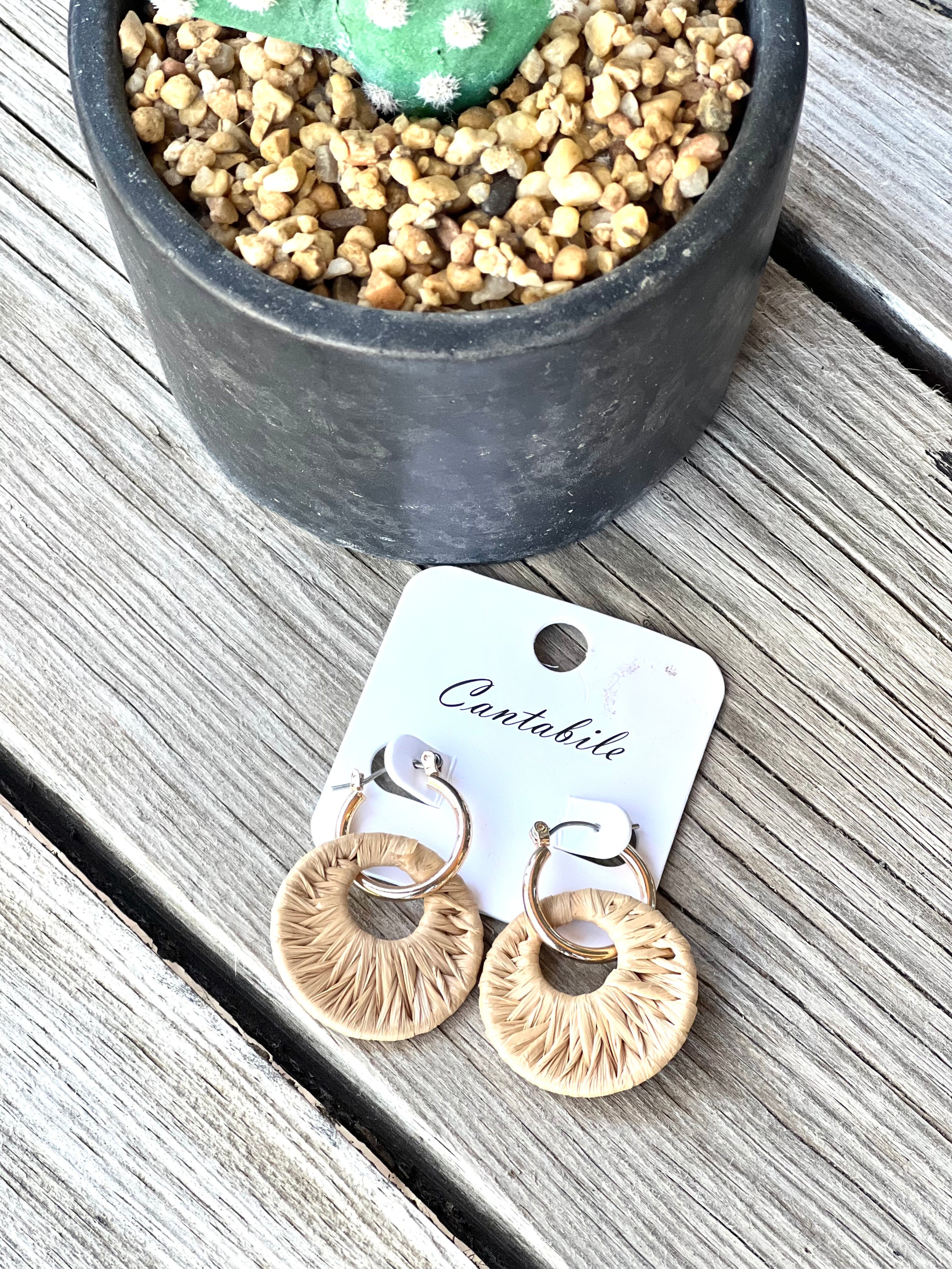 Rafia Wrapped Disc Charm Hoop Earrings