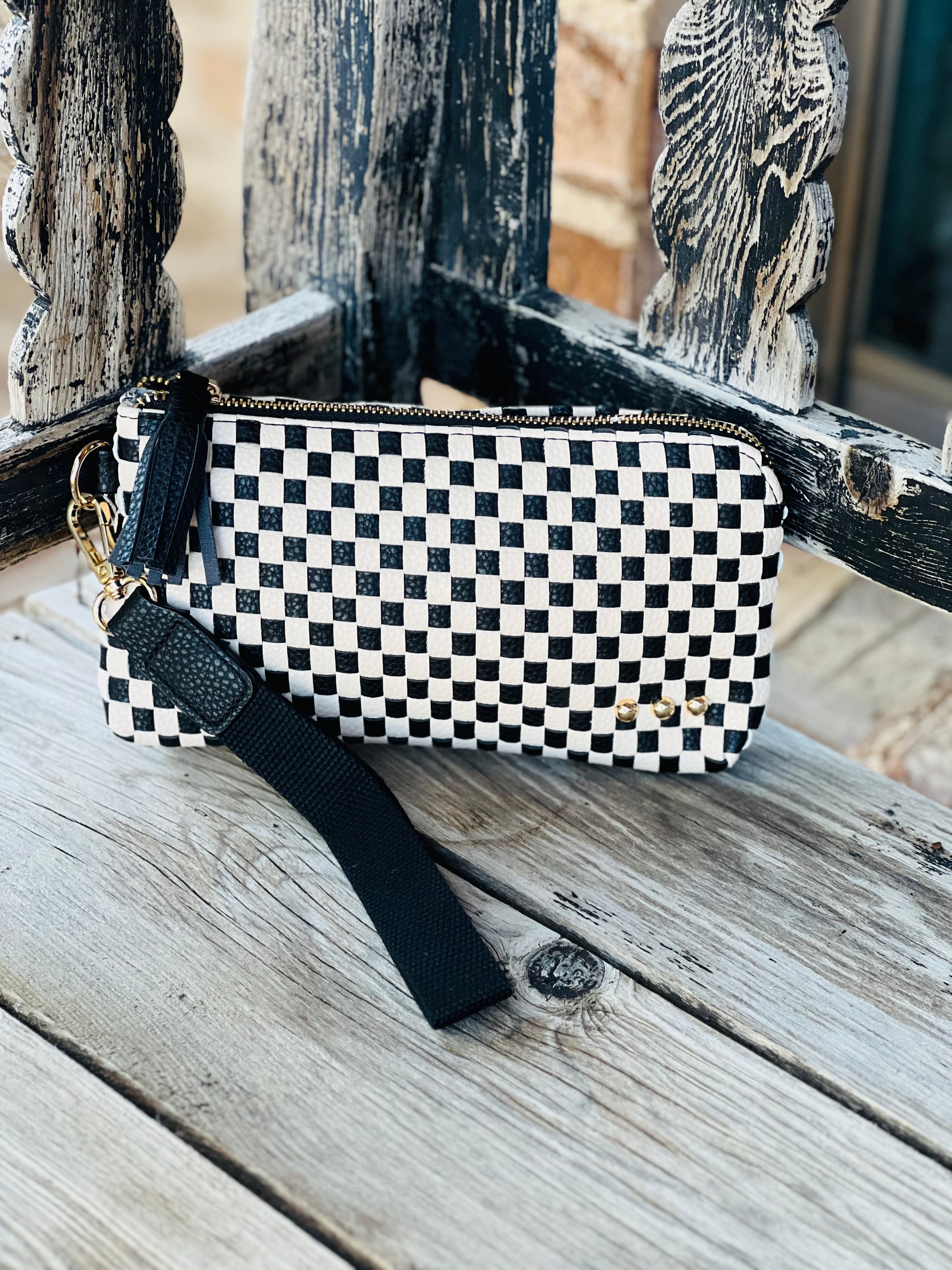 Black Checkered Emma Woven Clutch Wristlet