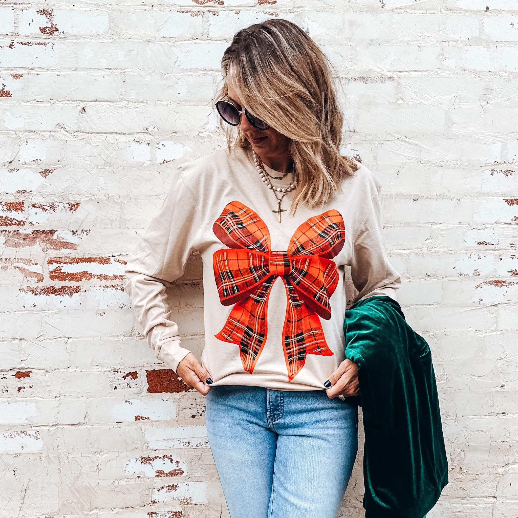 Plaid Holiday Bow Long Sleeve Tee