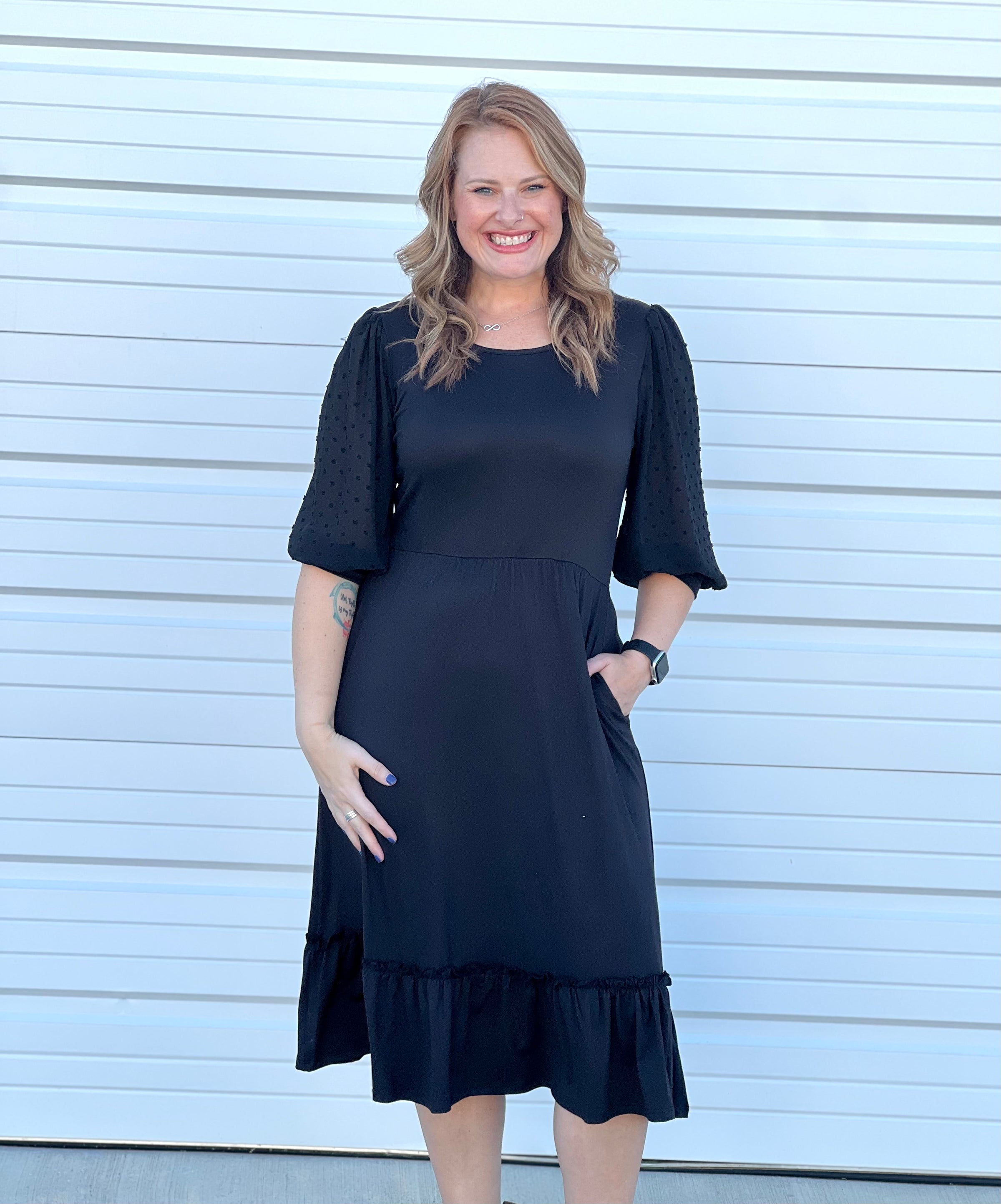 Black Solid Swiss Dot Maxi Dress