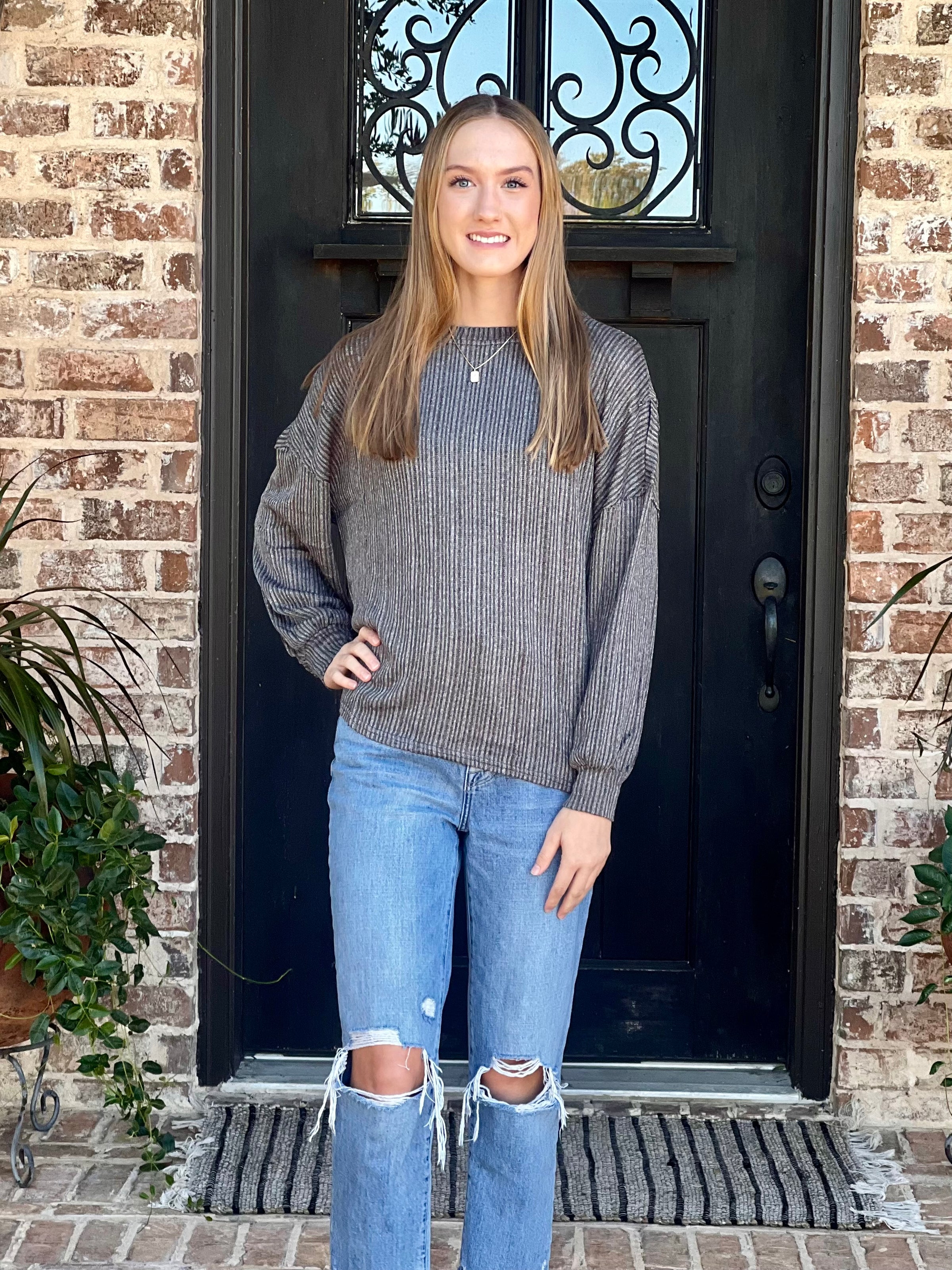 Charcoal Marled Long Sleeve Ribbed Knit Top