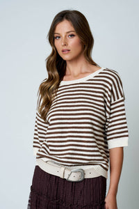 Brown Stripe Contrast Trim Short Sleeve Knit Sweater