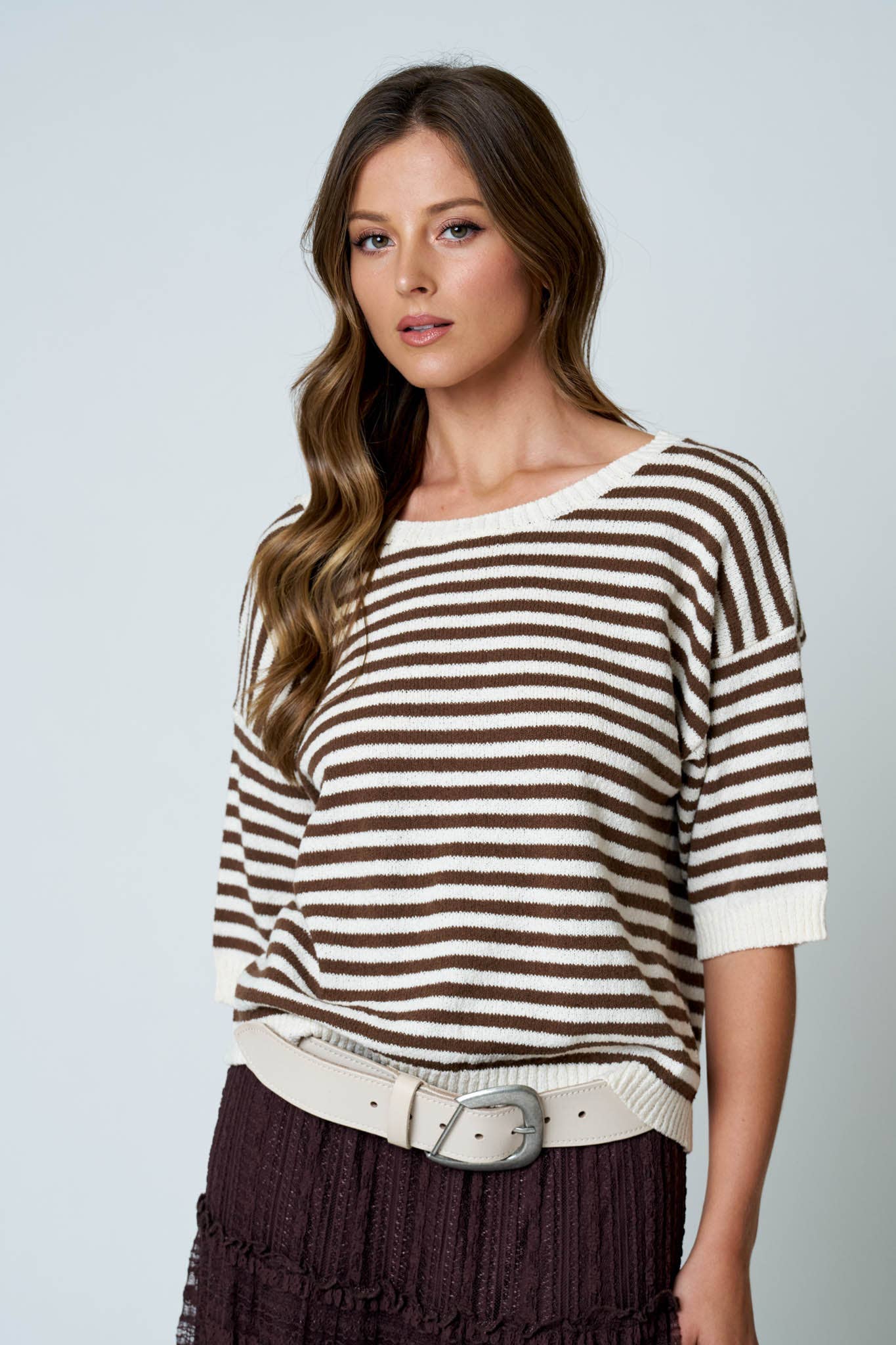 Brown Stripe Contrast Trim Short Sleeve Knit Sweater